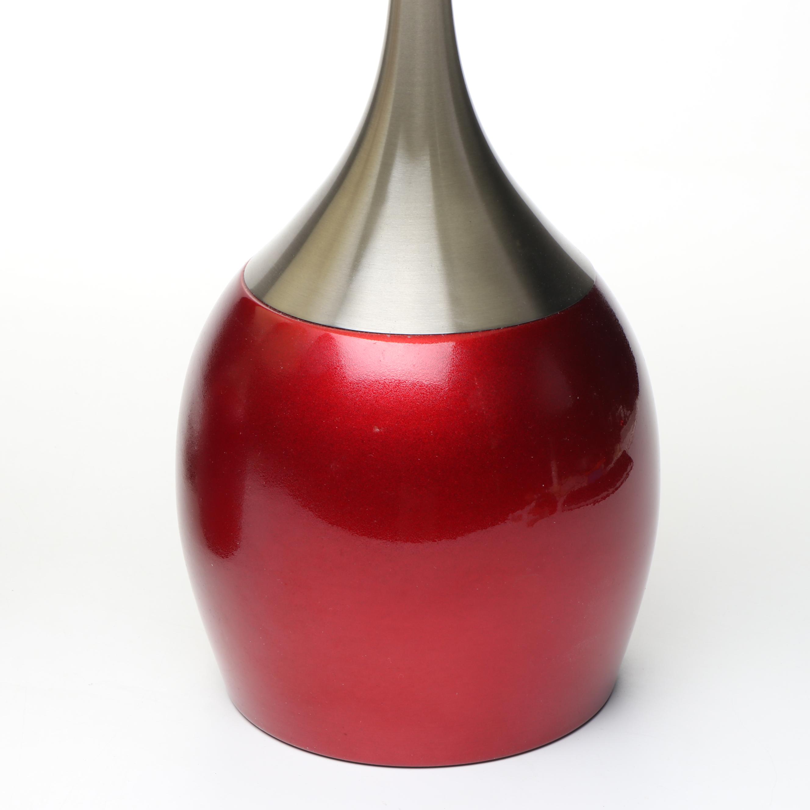 Postmodern Style Red Lacquer and Nickel Table Lamps with Cotton Shades