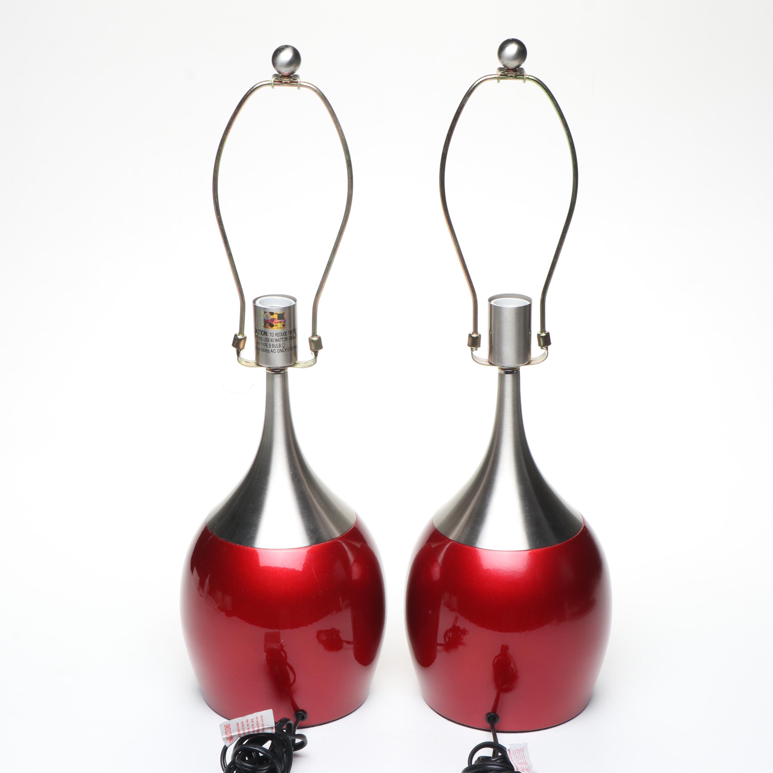 Postmodern Style Red Lacquer and Nickel Table Lamps with Cotton Shades