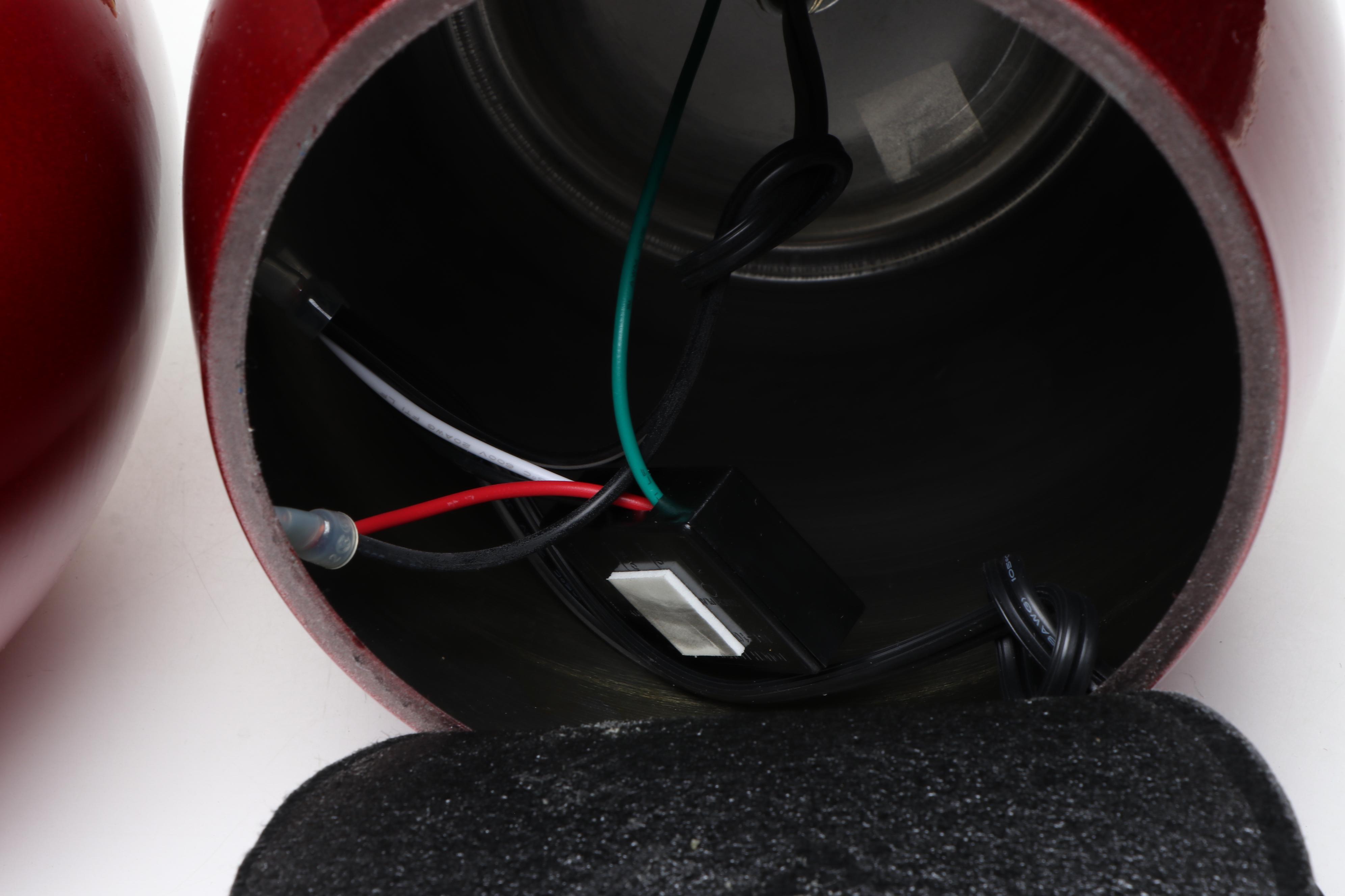 Postmodern Style Red Lacquer and Nickel Table Lamps with Cotton Shades