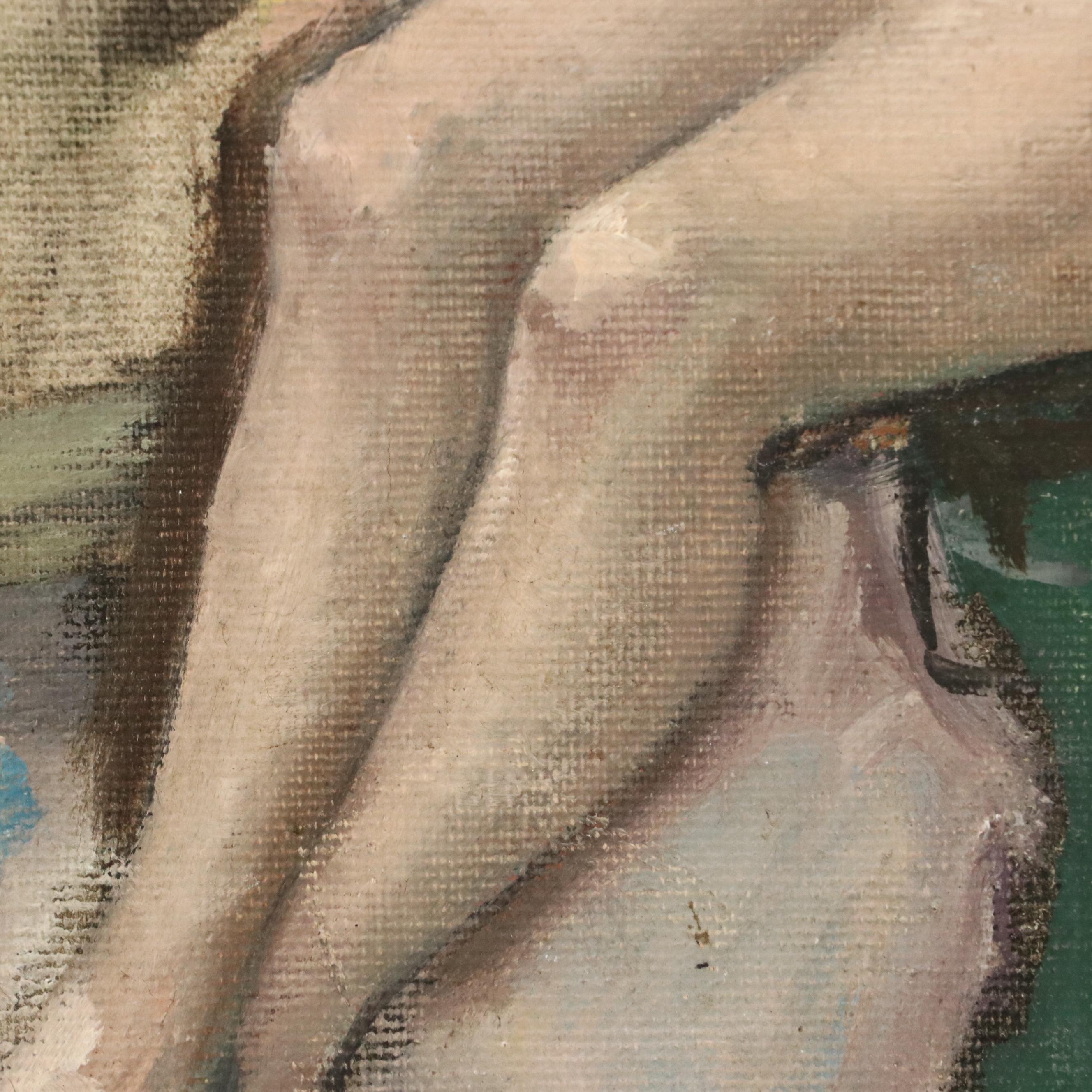 Oil Painting of a Seated Nude Figure, Mid-20th Century