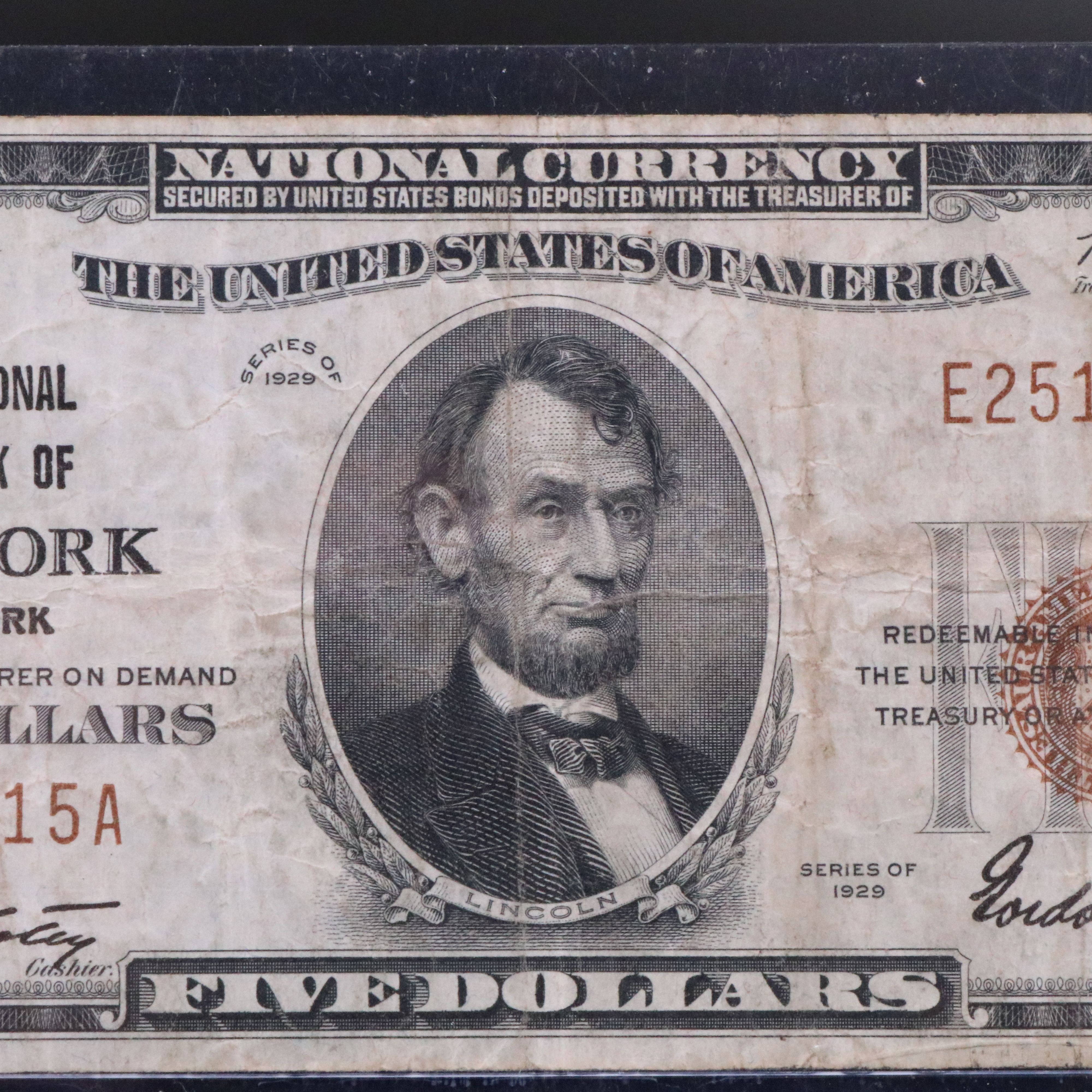 1929 Five Dollar National Bank Note From the National City Bank  of New York