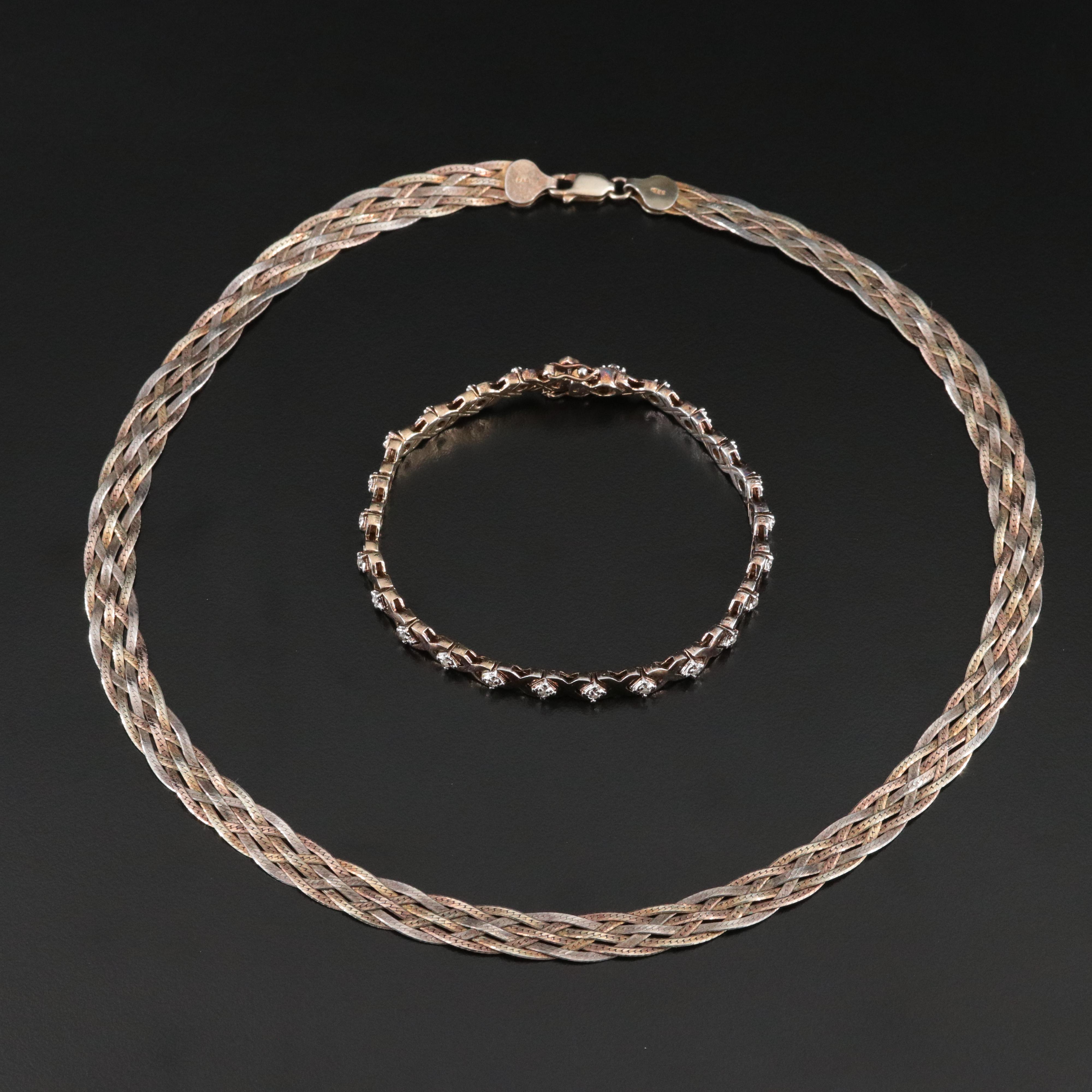 Sterling Braided Necklace and Diamond Bracelet