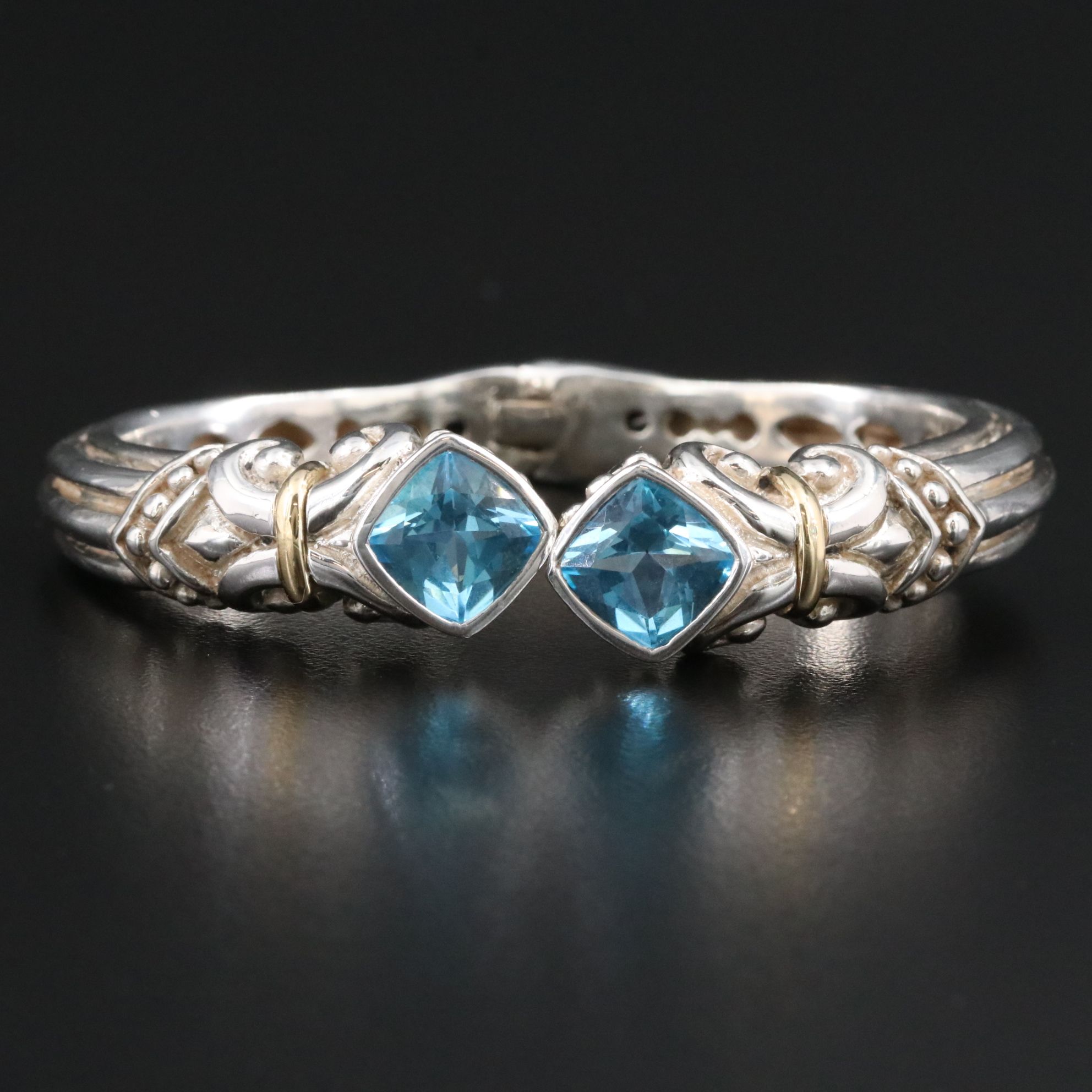 Sterling Swiss Blue Topaz Hinged Bangle with 18K Accents