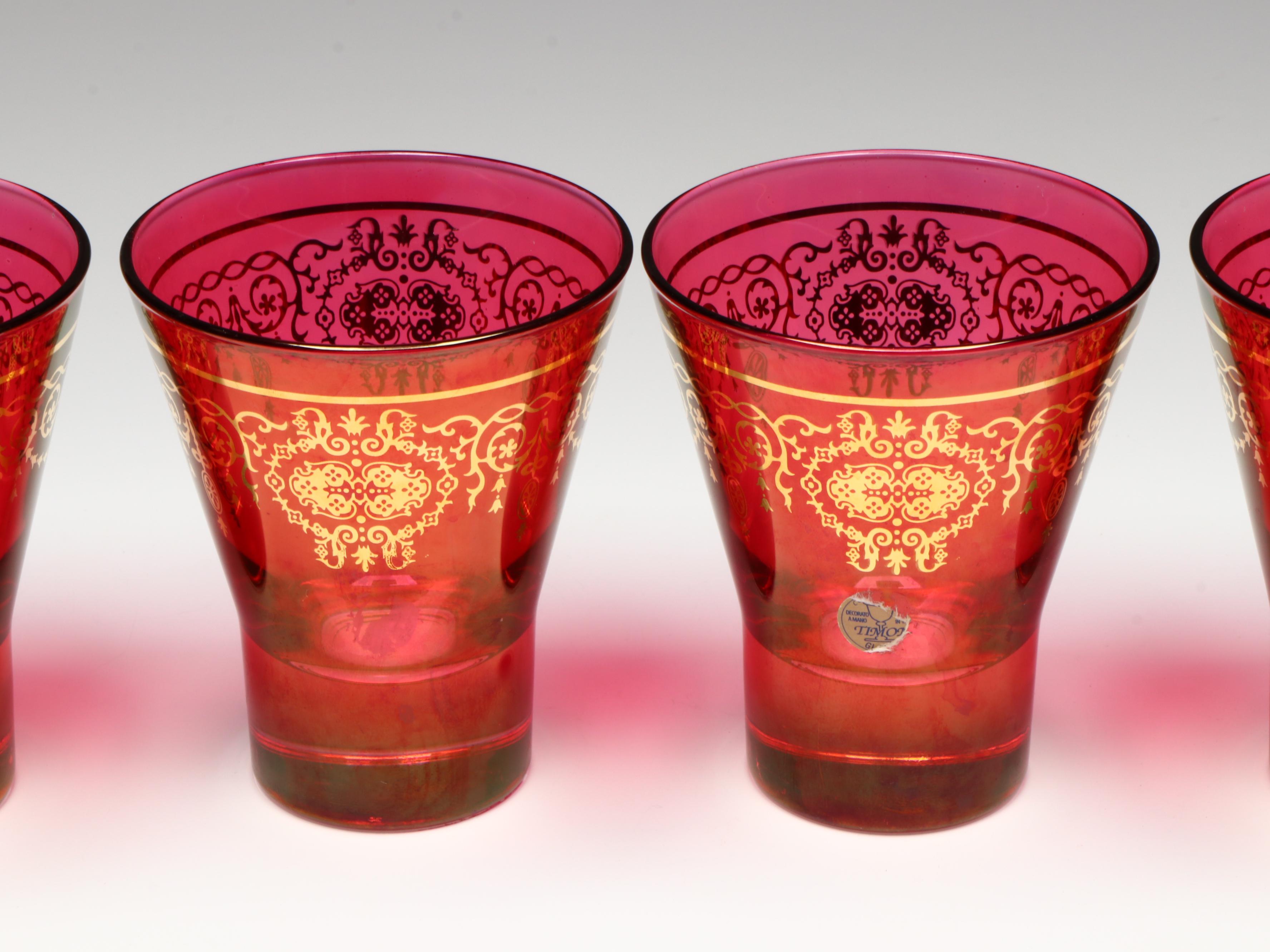 Red Flash Glass Cocktail Tumblers with Gold Finish Decals