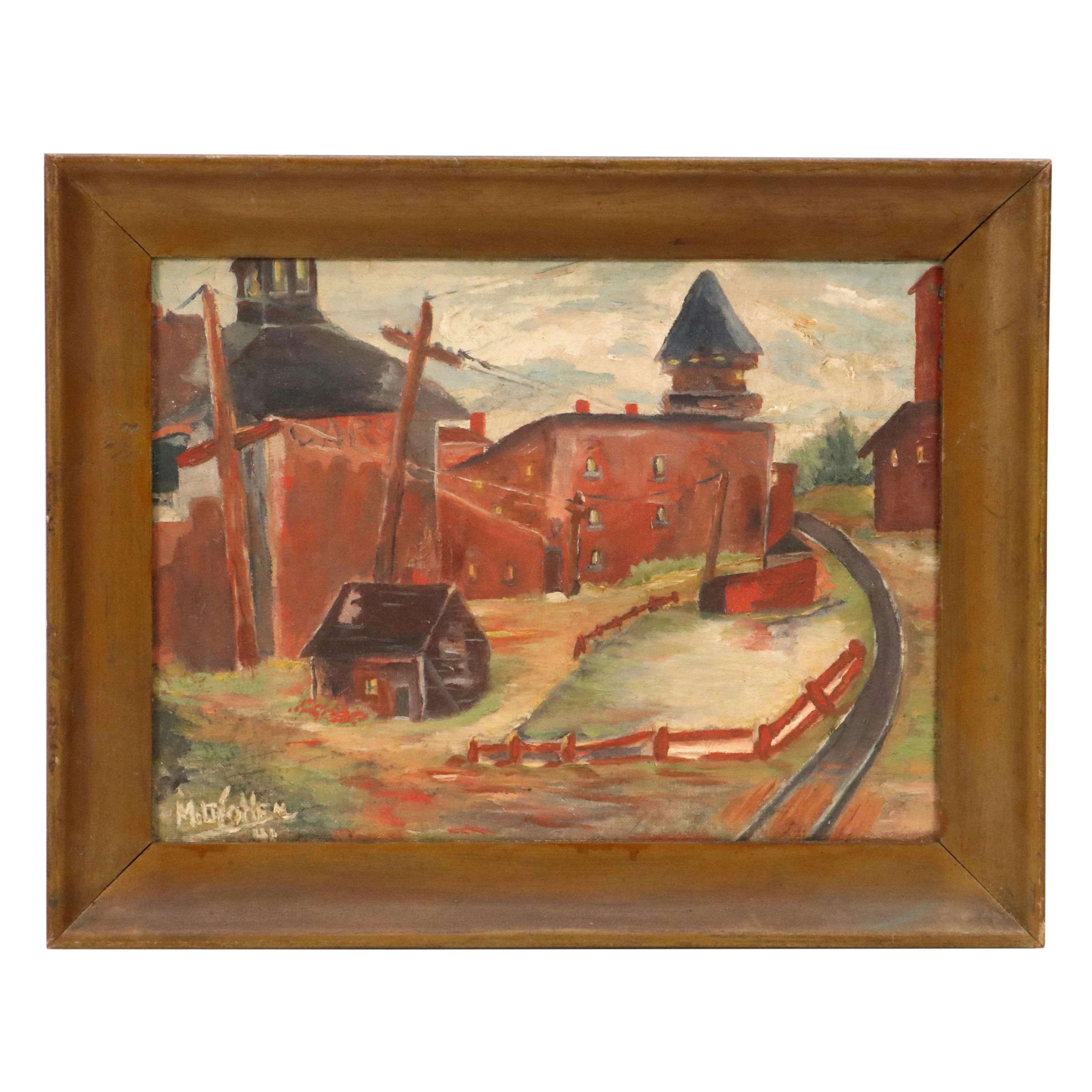 Rural Architectural Landscape Oil Painting, Mid-20th Century