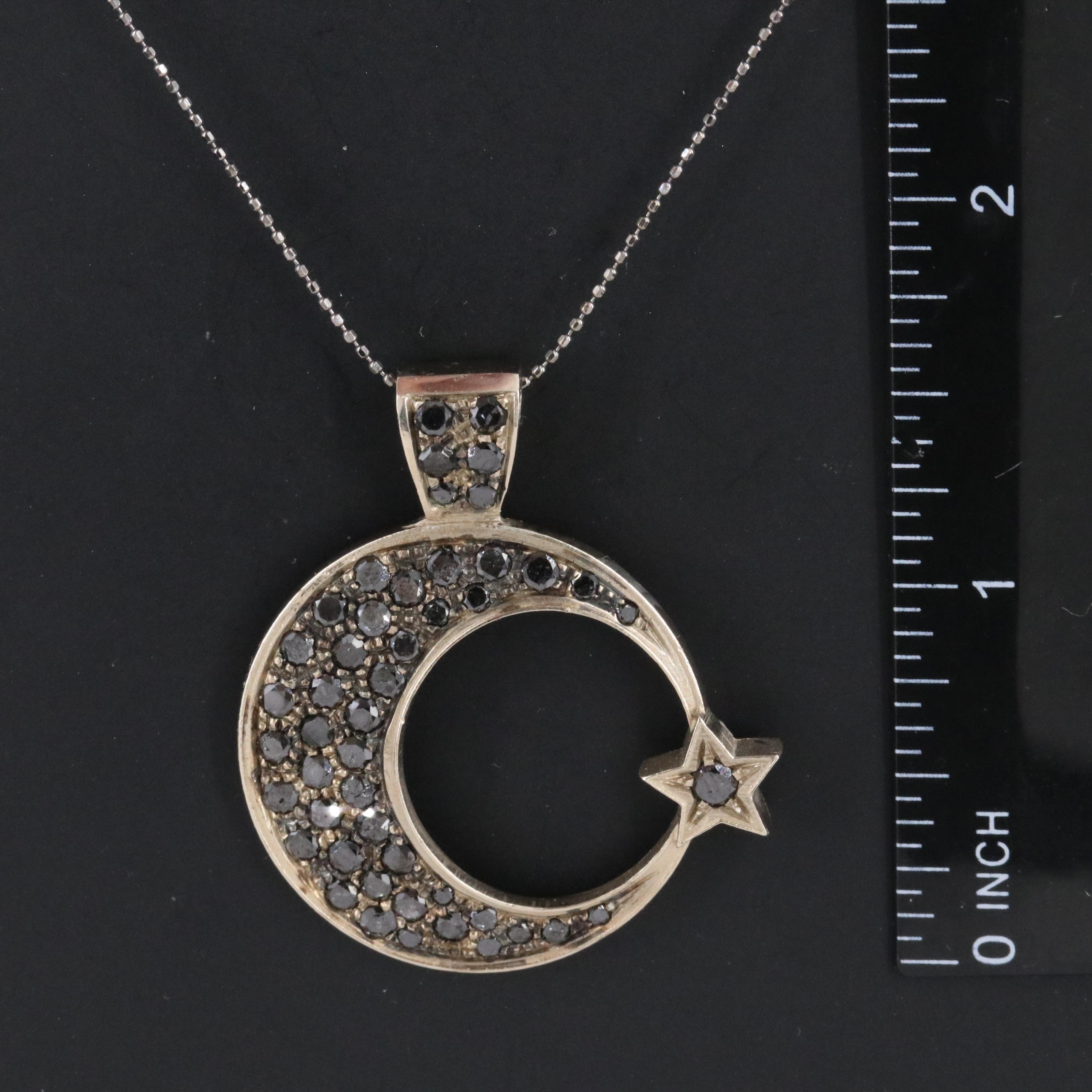 14K 2.33 CTW Fancy Black Diamond Crescent Moon and Star Pendant Necklace