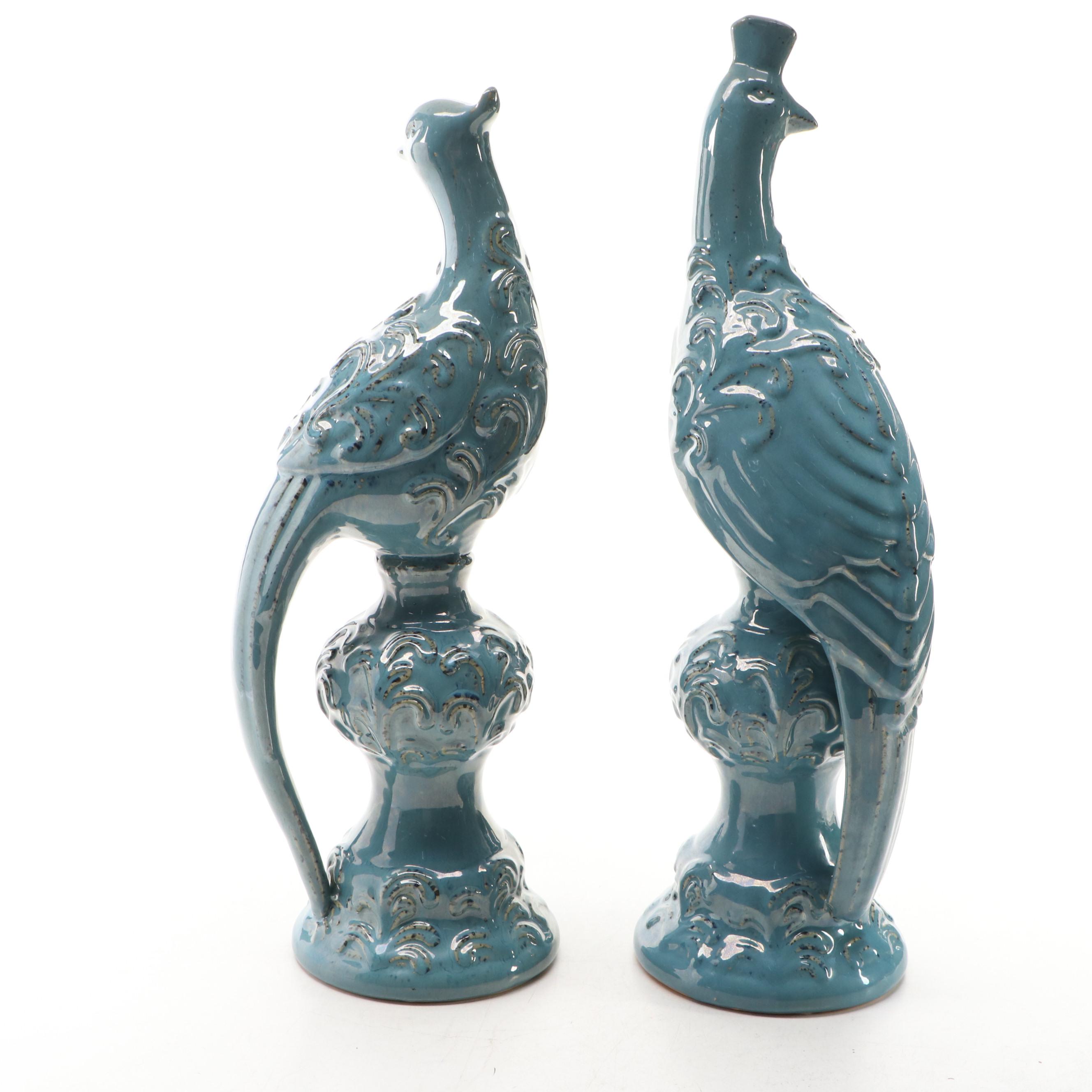 Pair of Blue Speckle Glaze Ceramic Peacocks