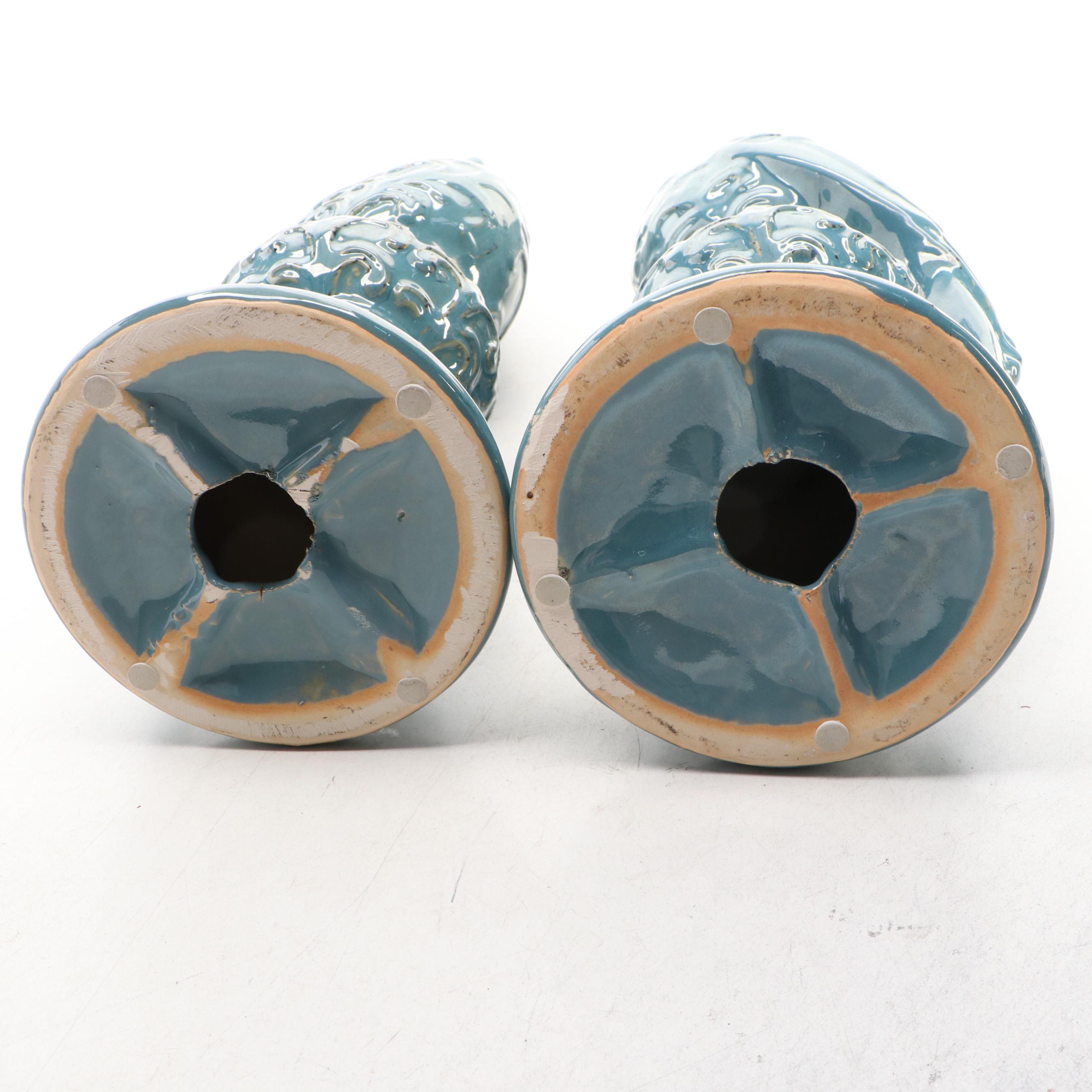 Pair of Blue Speckle Glaze Ceramic Peacocks