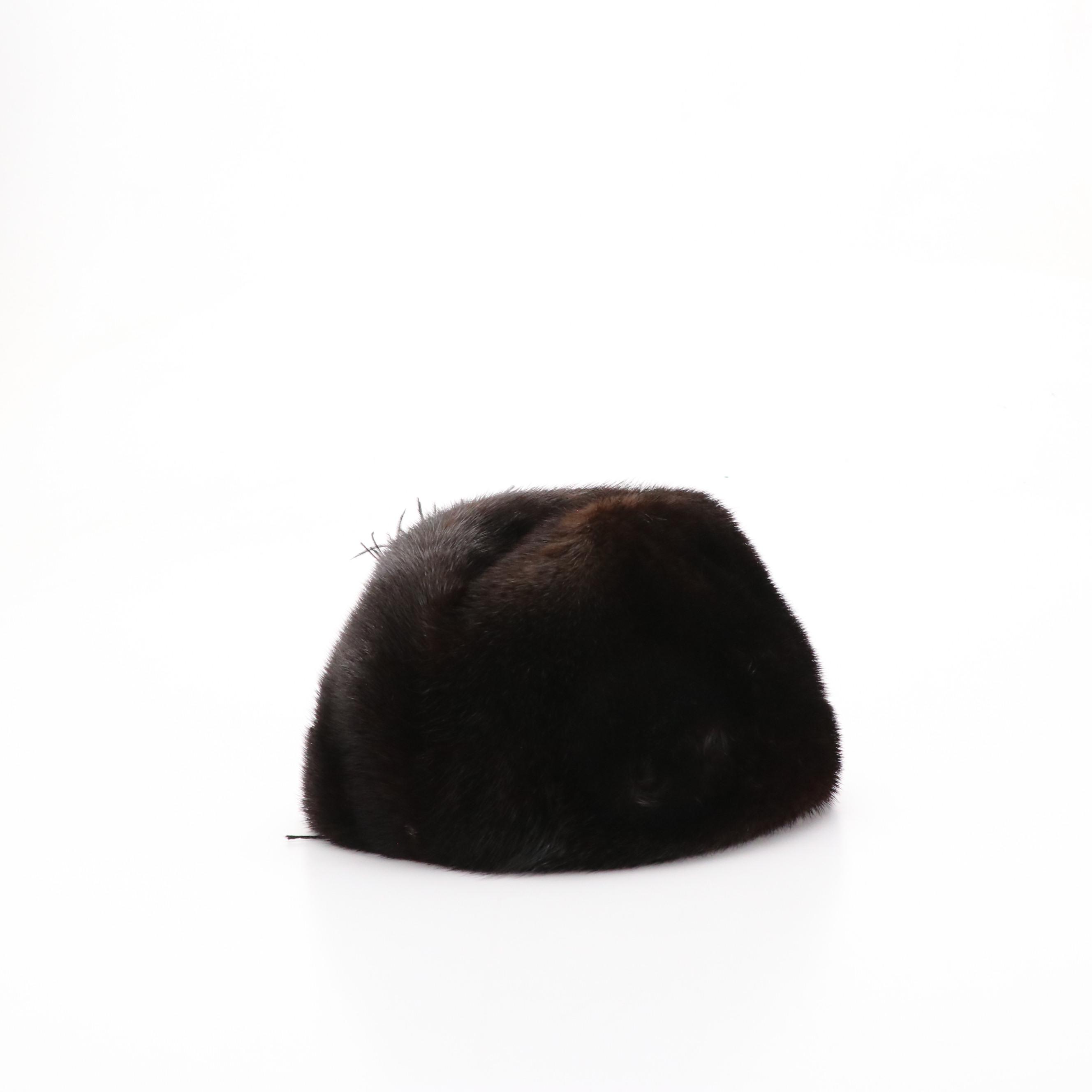 Vintage Chocolate Brown Mink Fur Hat with Feather Pin Detail in Box