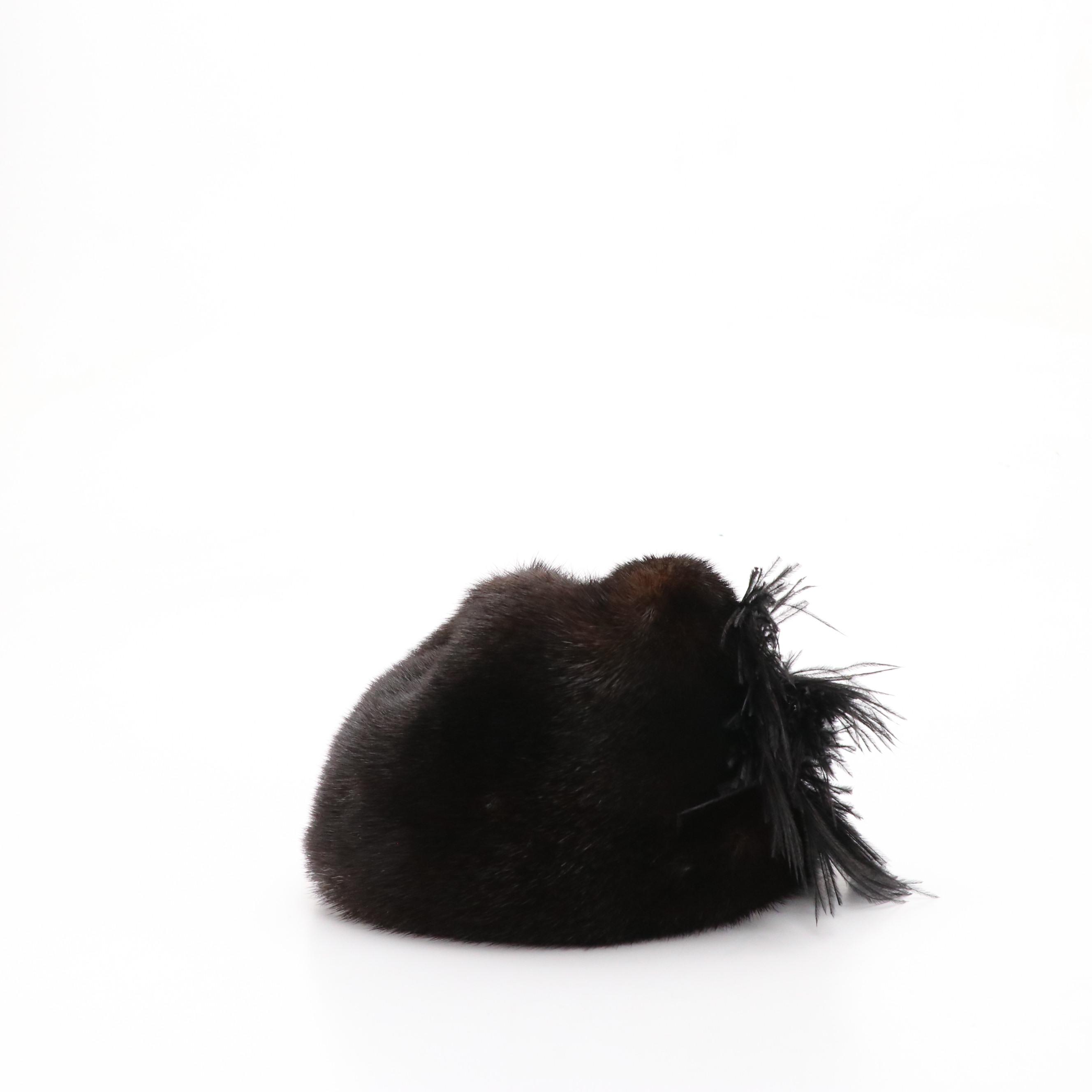 Vintage Chocolate Brown Mink Fur Hat with Feather Pin Detail in Box