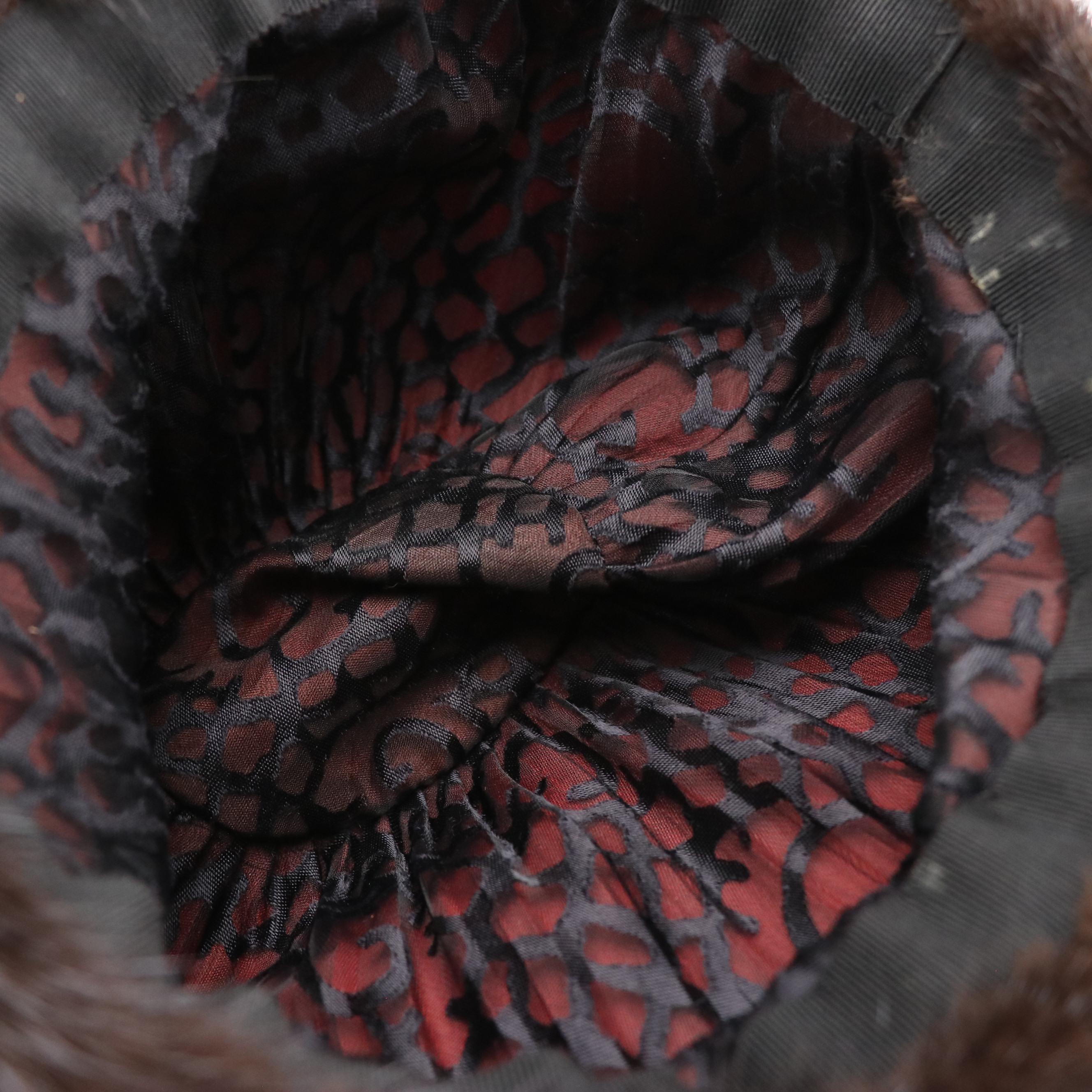 Vintage Chocolate Brown Mink Fur Hat with Feather Pin Detail in Box