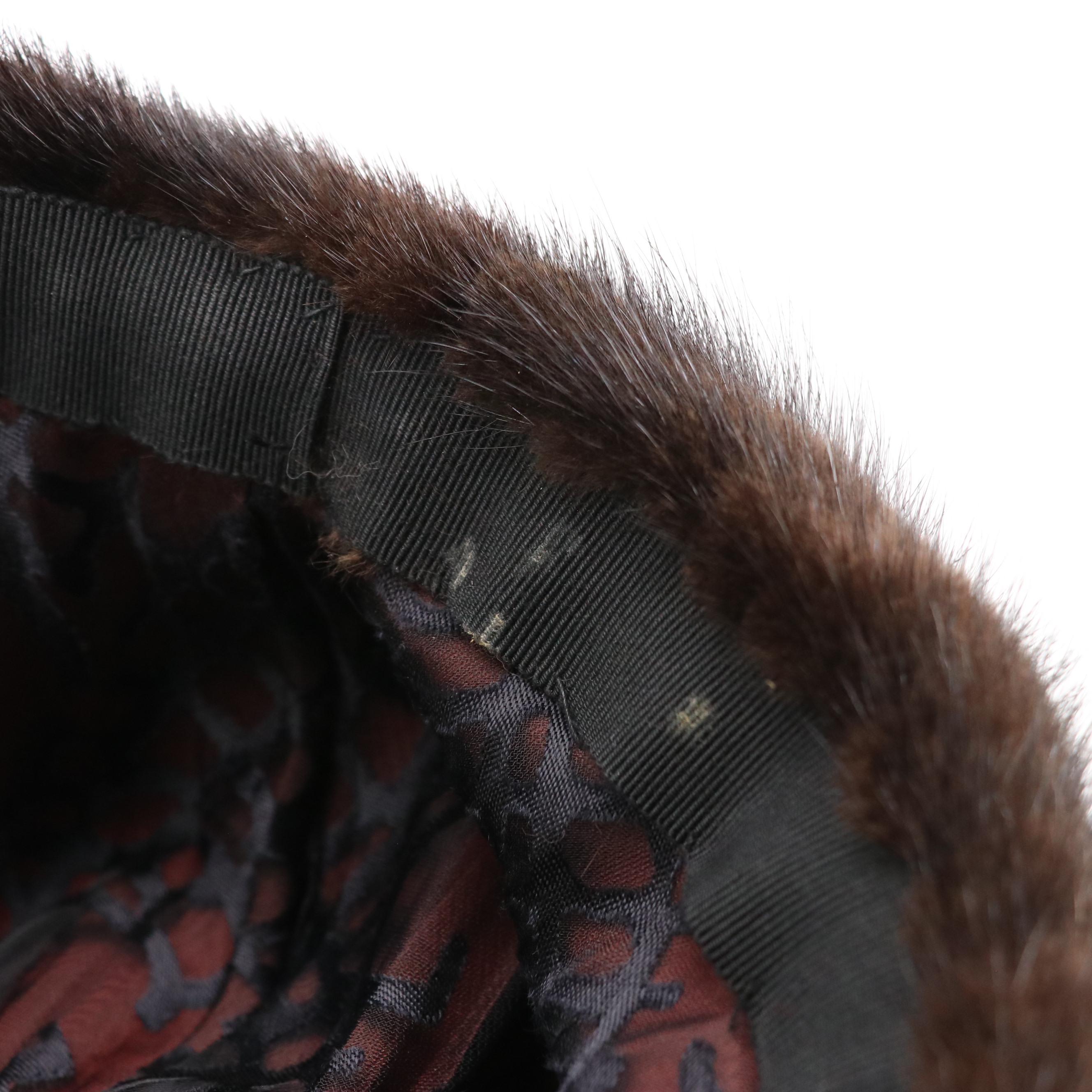 Vintage Chocolate Brown Mink Fur Hat with Feather Pin Detail in Box