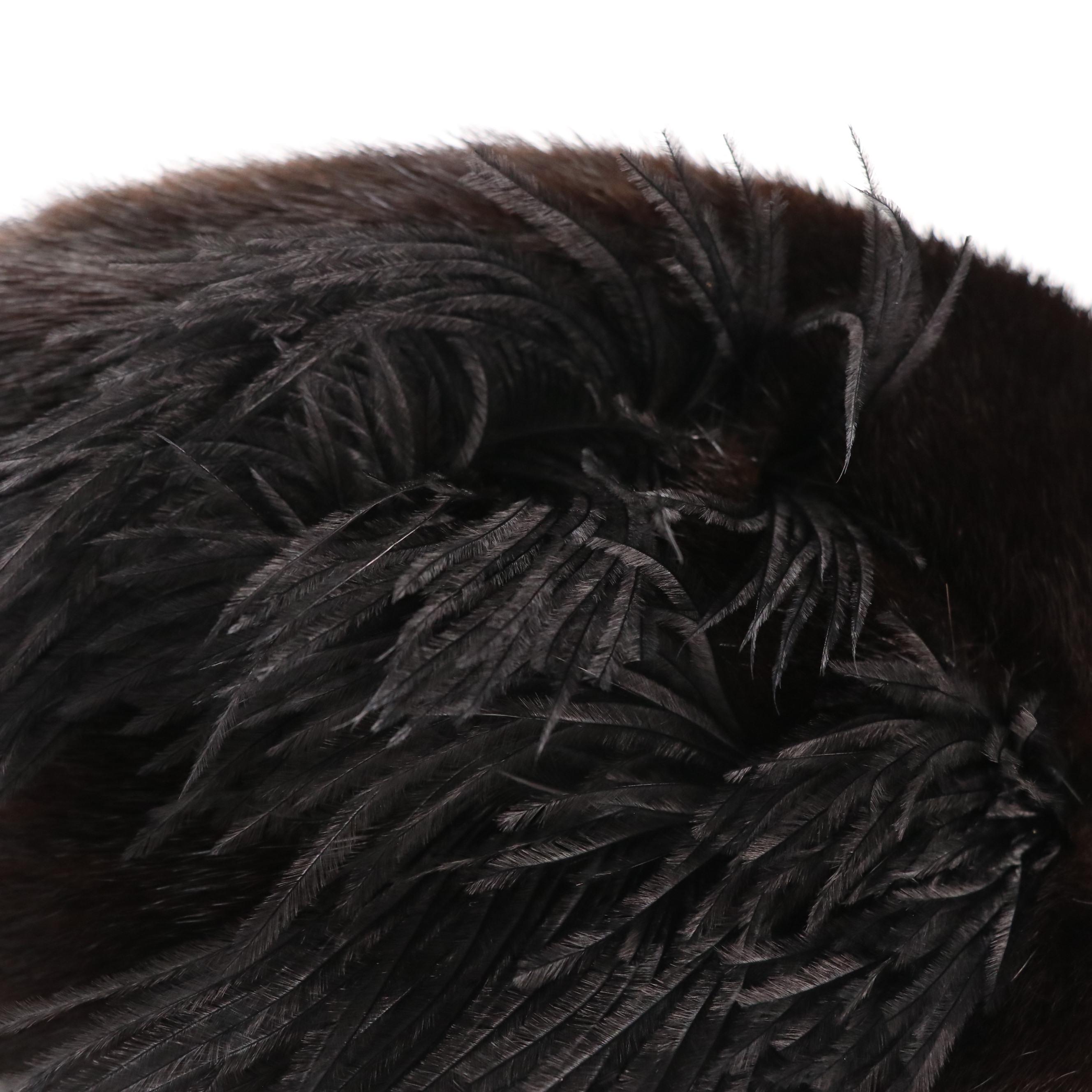 Vintage Chocolate Brown Mink Fur Hat with Feather Pin Detail in Box