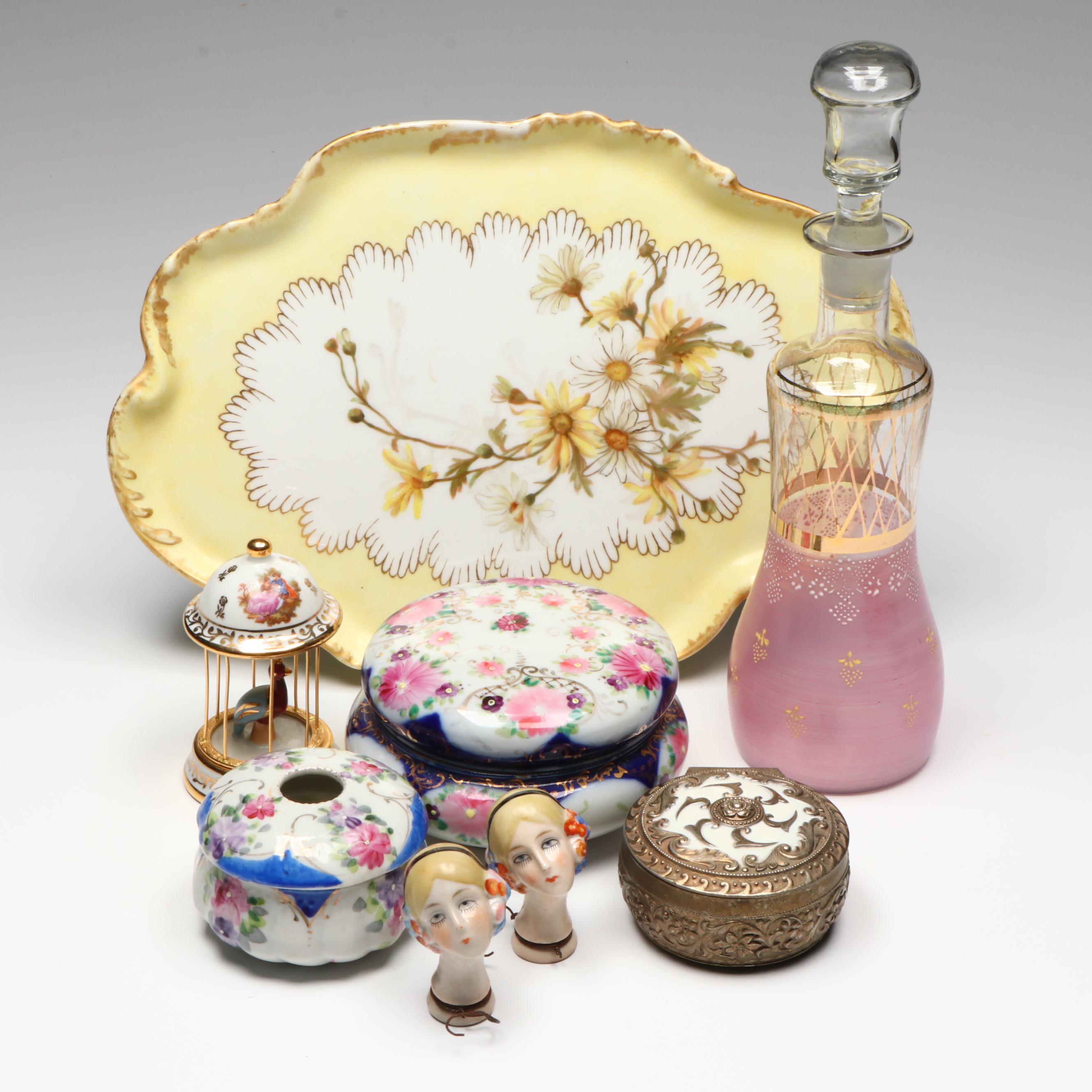 Porcelain Make-up Jars, Repoussé Metal Jewelry Box, and More Vanity Accessories