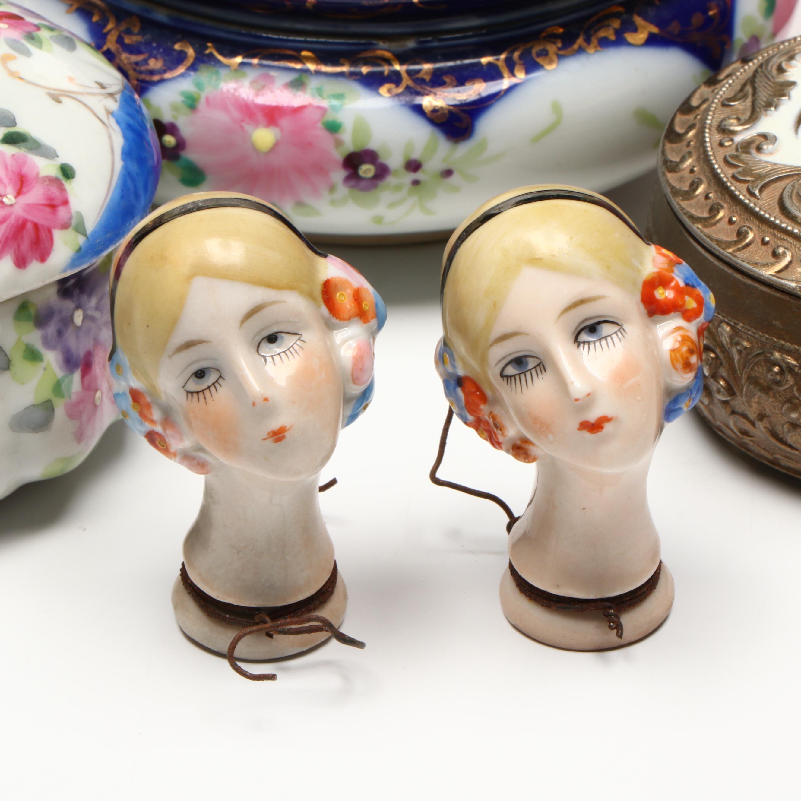 Porcelain Make-up Jars, Repoussé Metal Jewelry Box, and More Vanity Accessories
