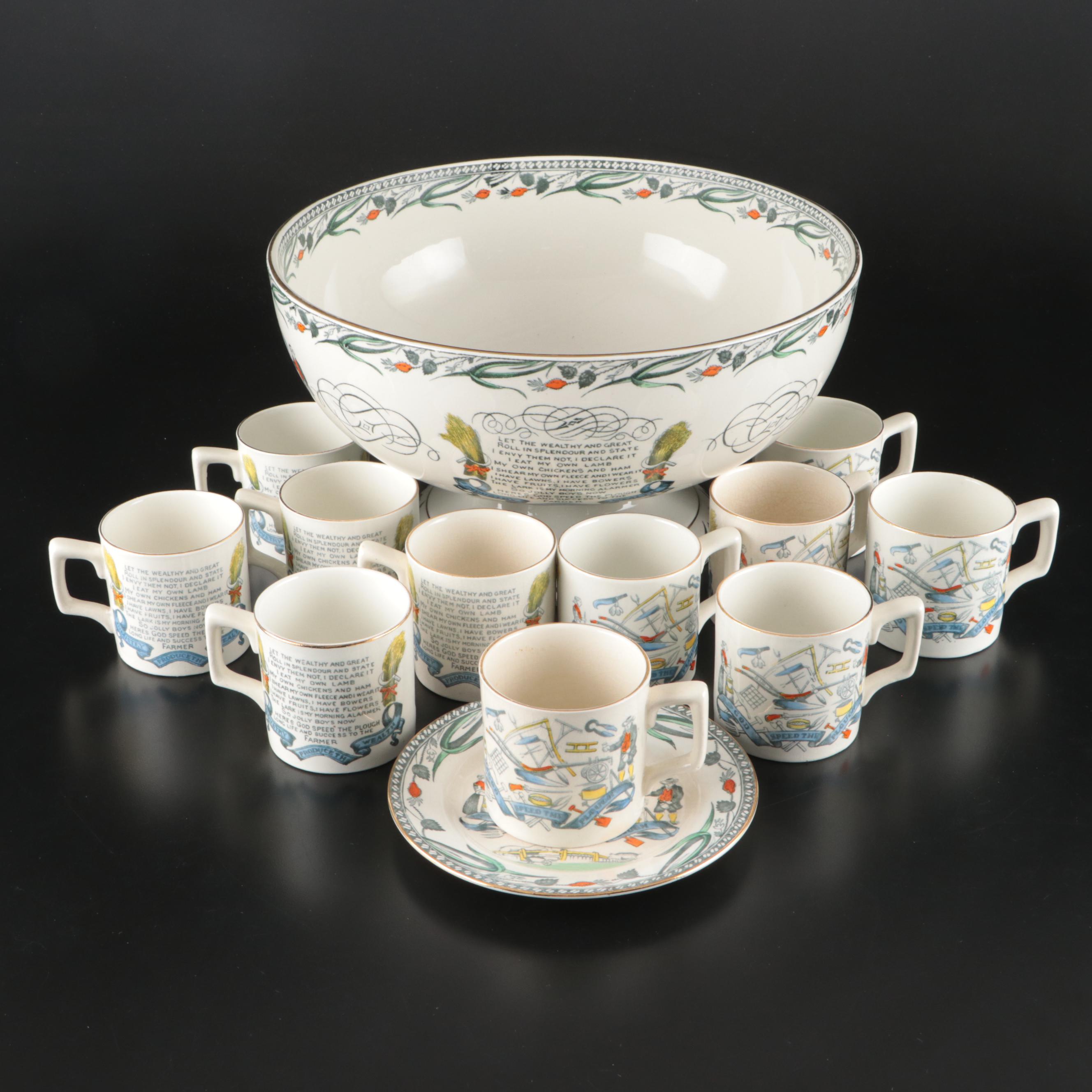 Burgess & Leigh "Farmers Arms" Earthenware Punch Bowl with Cups and Plate