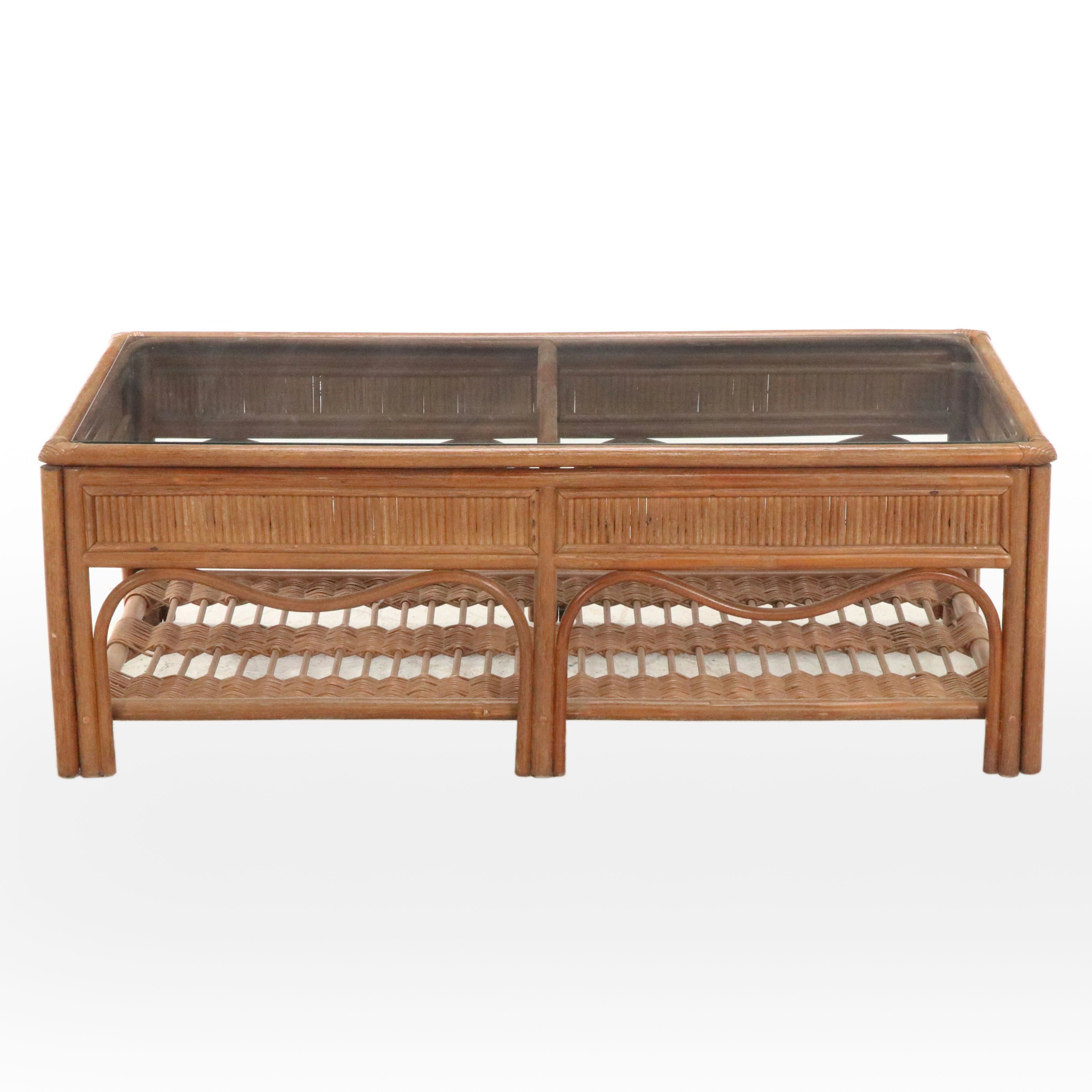 Contemporary Rattan Coffee Table with Glass Top and Rattan Sofa
