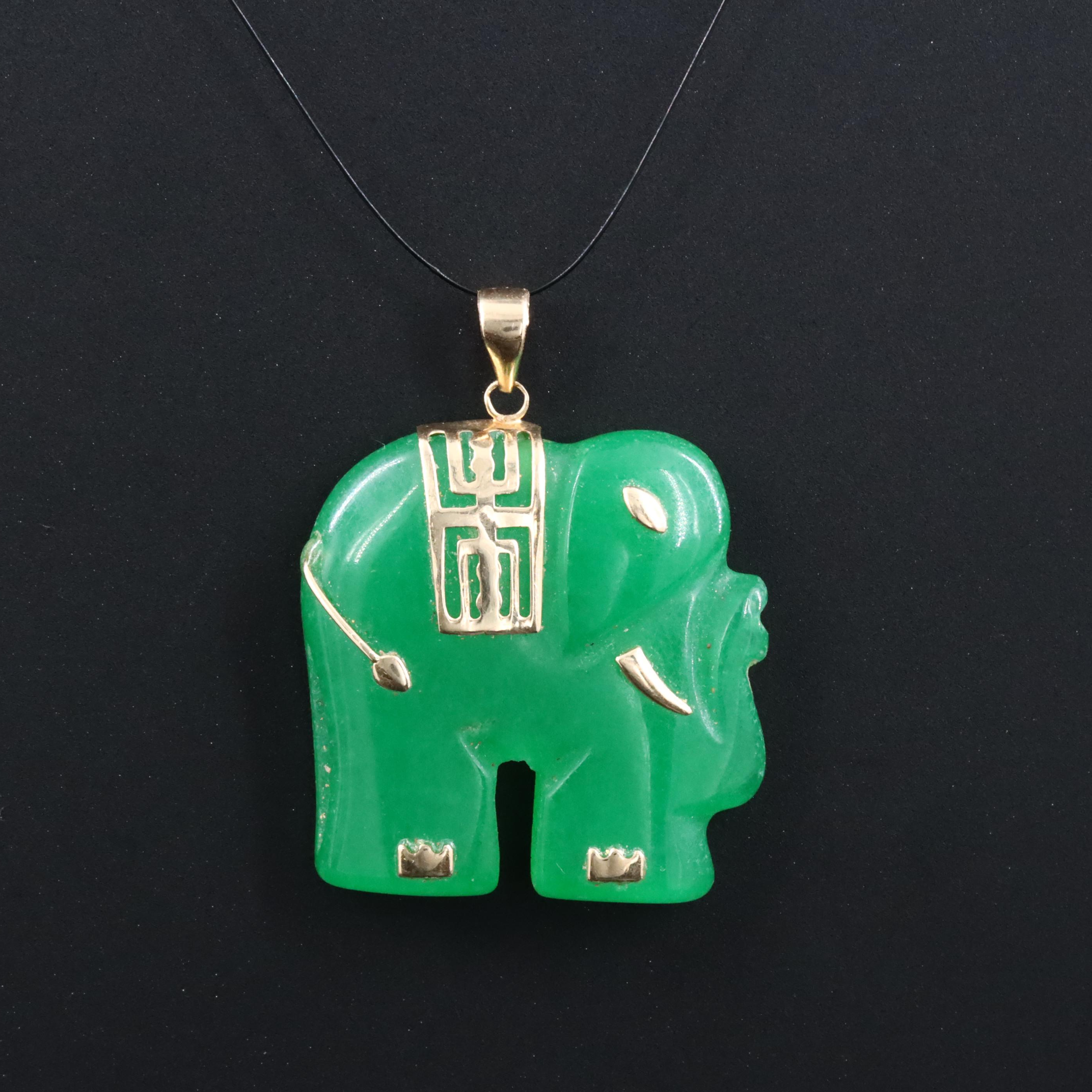 14K Chinese "Good Fortune" Jadeite Elephant Pendant