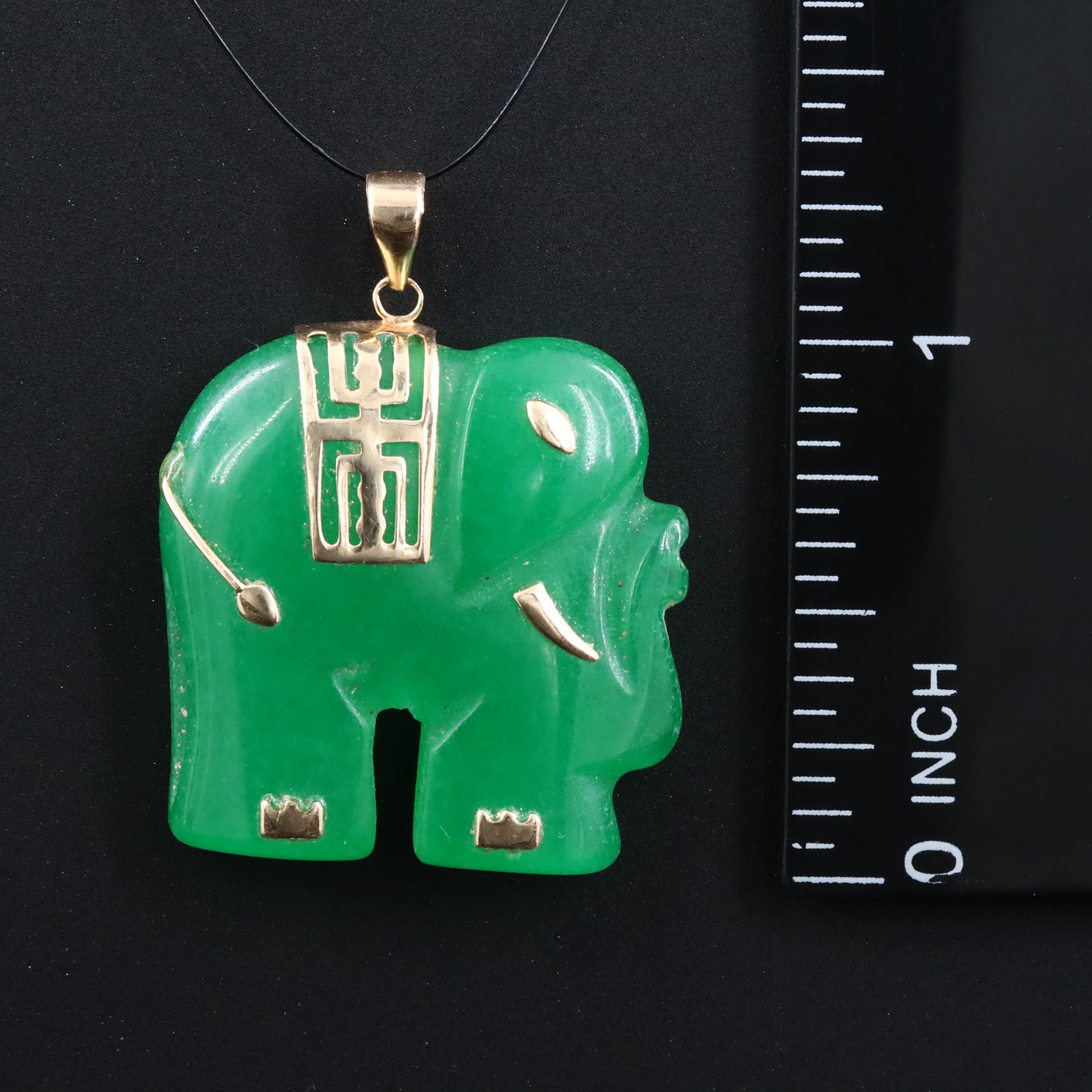 14K Chinese "Good Fortune" Jadeite Elephant Pendant