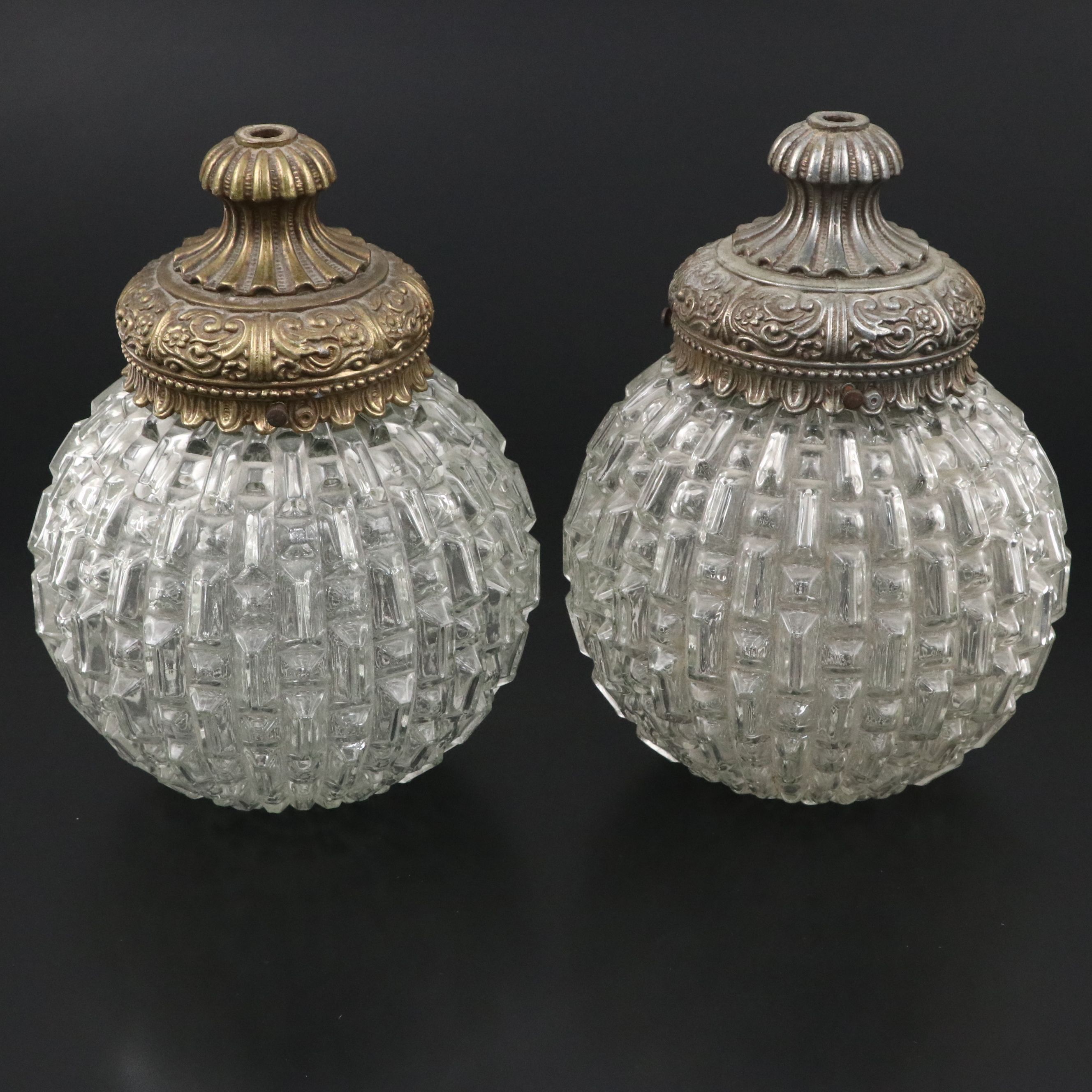 Pair of Pressed Glass Ceiling Light Pendant Shades, Mid-20th Century