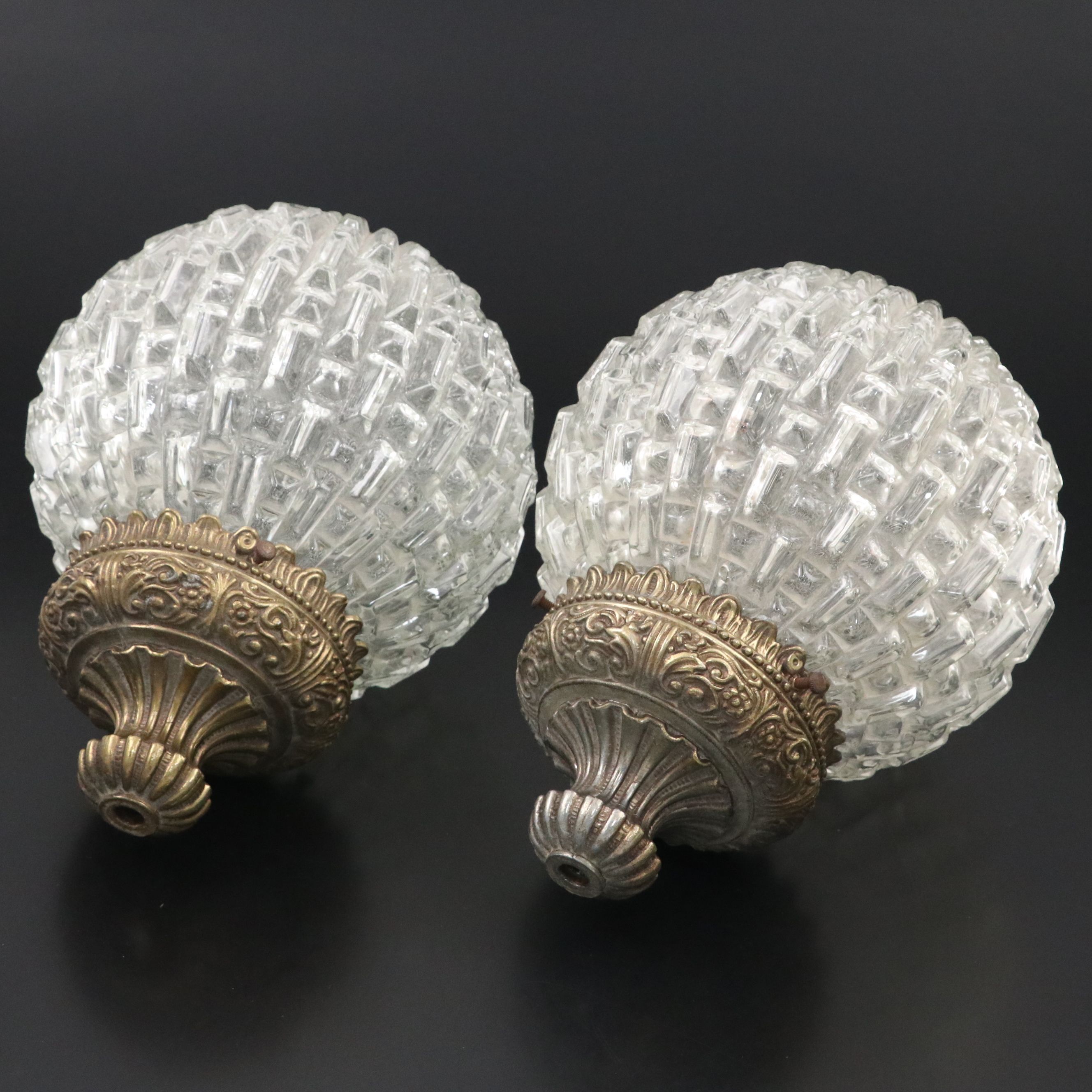 Pair of Pressed Glass Ceiling Light Pendant Shades, Mid-20th Century