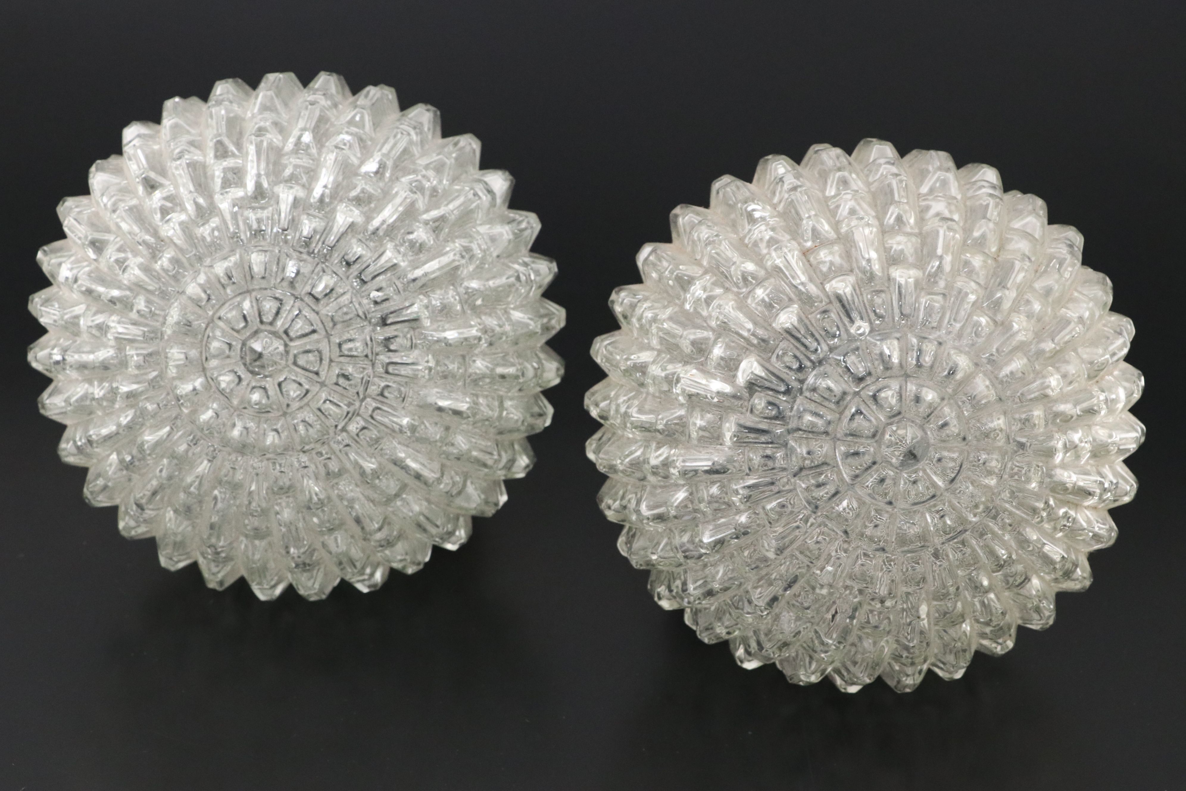 Pair of Pressed Glass Ceiling Light Pendant Shades, Mid-20th Century