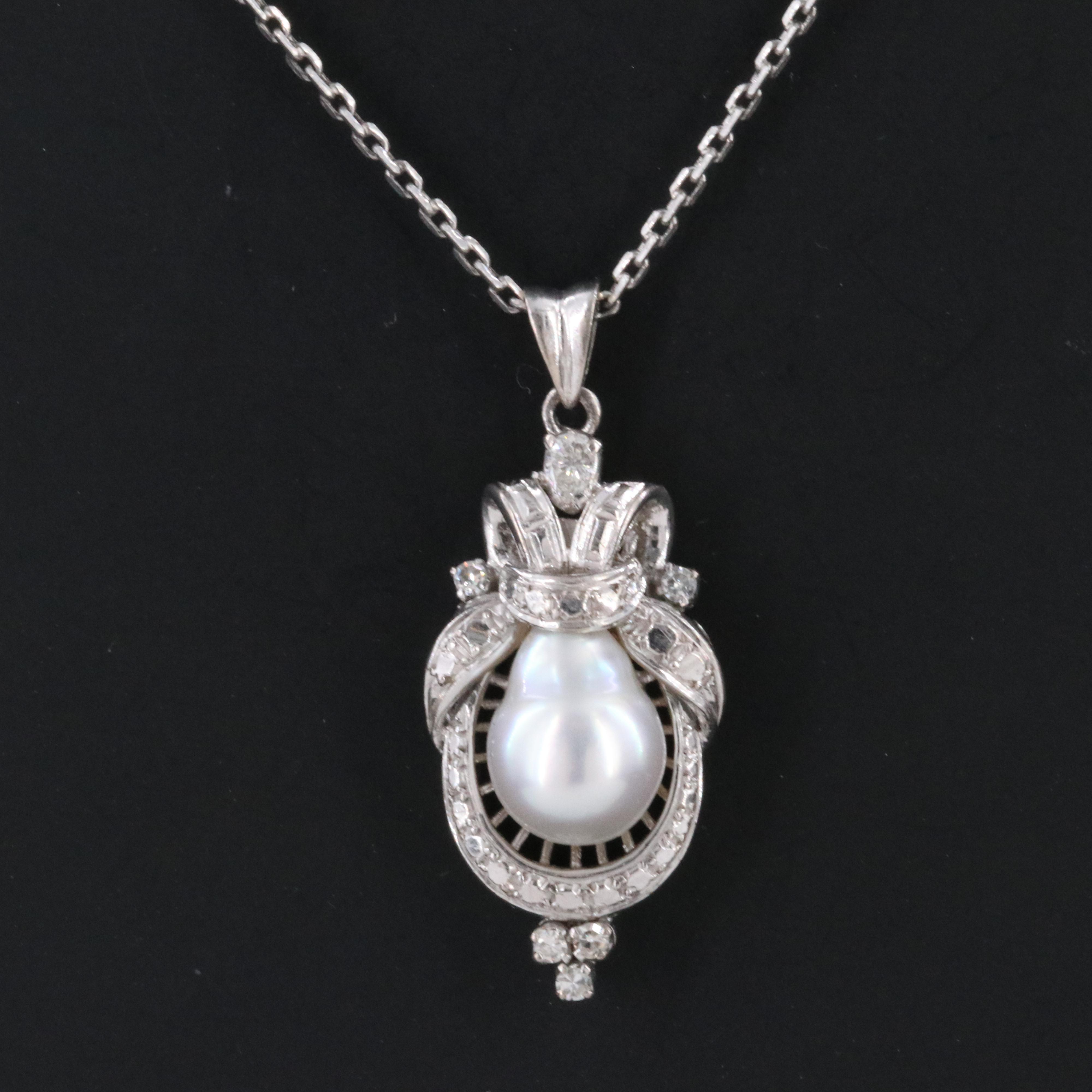 Silver Palladium Pearl and Diamond Pendant on Platinum Chain Necklace