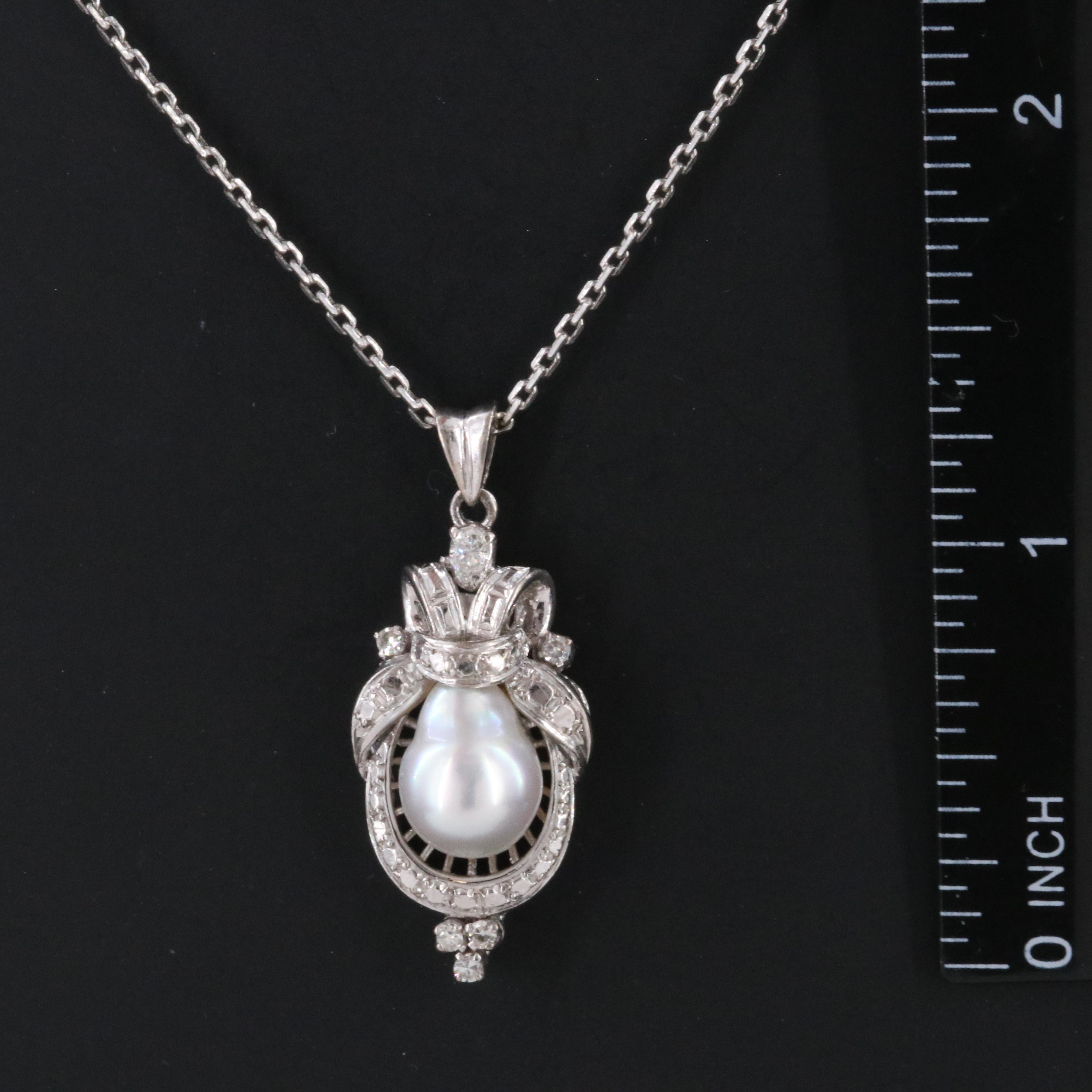 Silver Palladium Pearl and Diamond Pendant on Platinum Chain Necklace