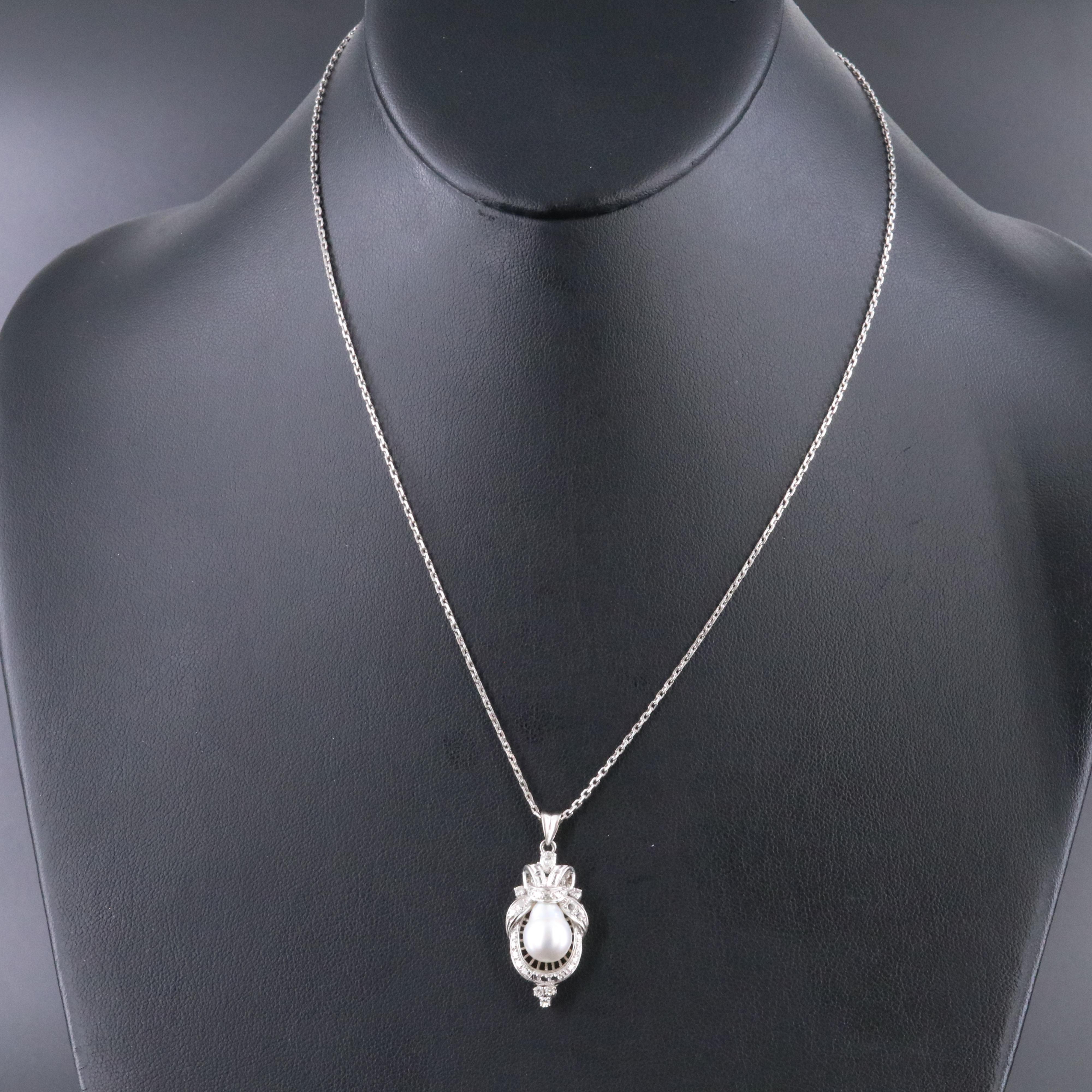 Silver Palladium Pearl and Diamond Pendant on Platinum Chain Necklace