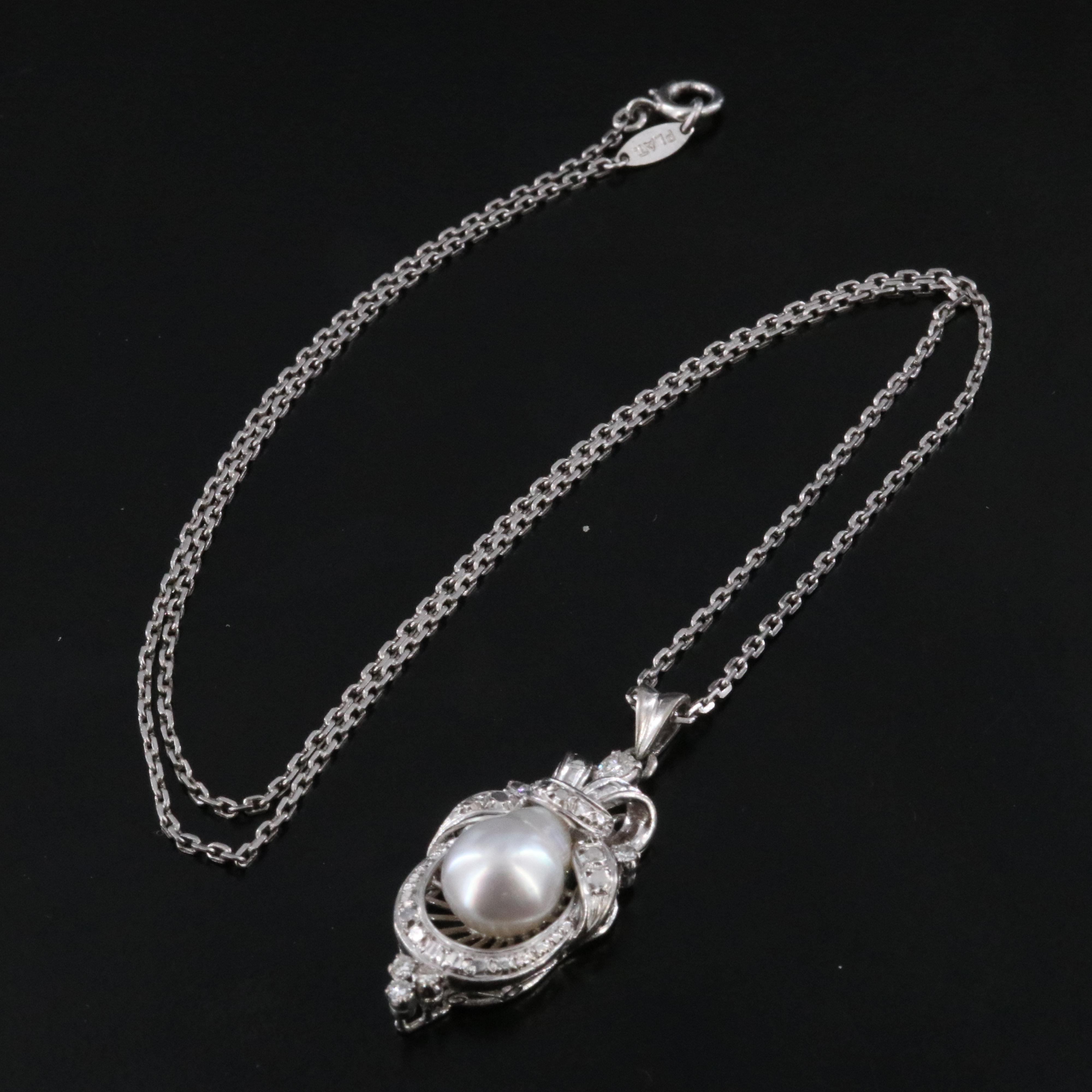 Silver Palladium Pearl and Diamond Pendant on Platinum Chain Necklace