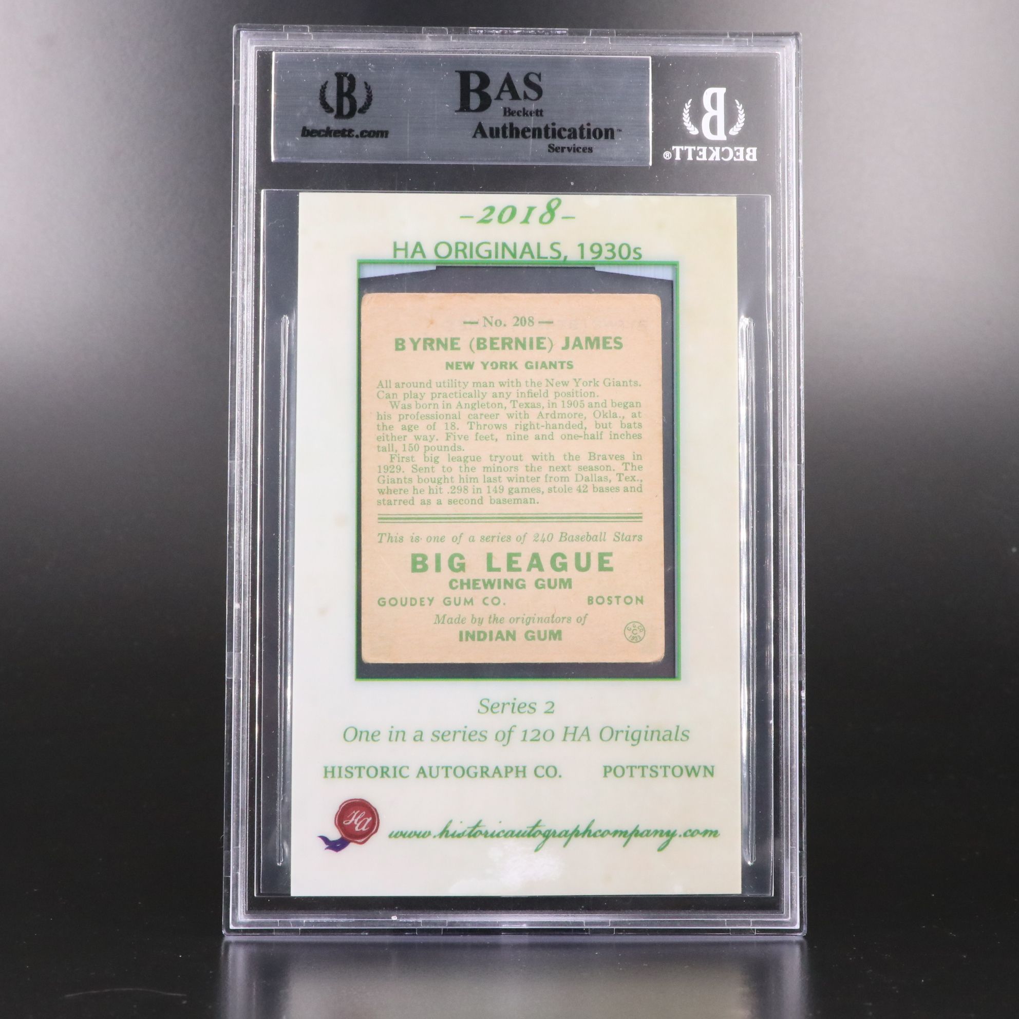 2018 HA Originals Bernie James Cut Signature Goudey Baseball Card, Beckett