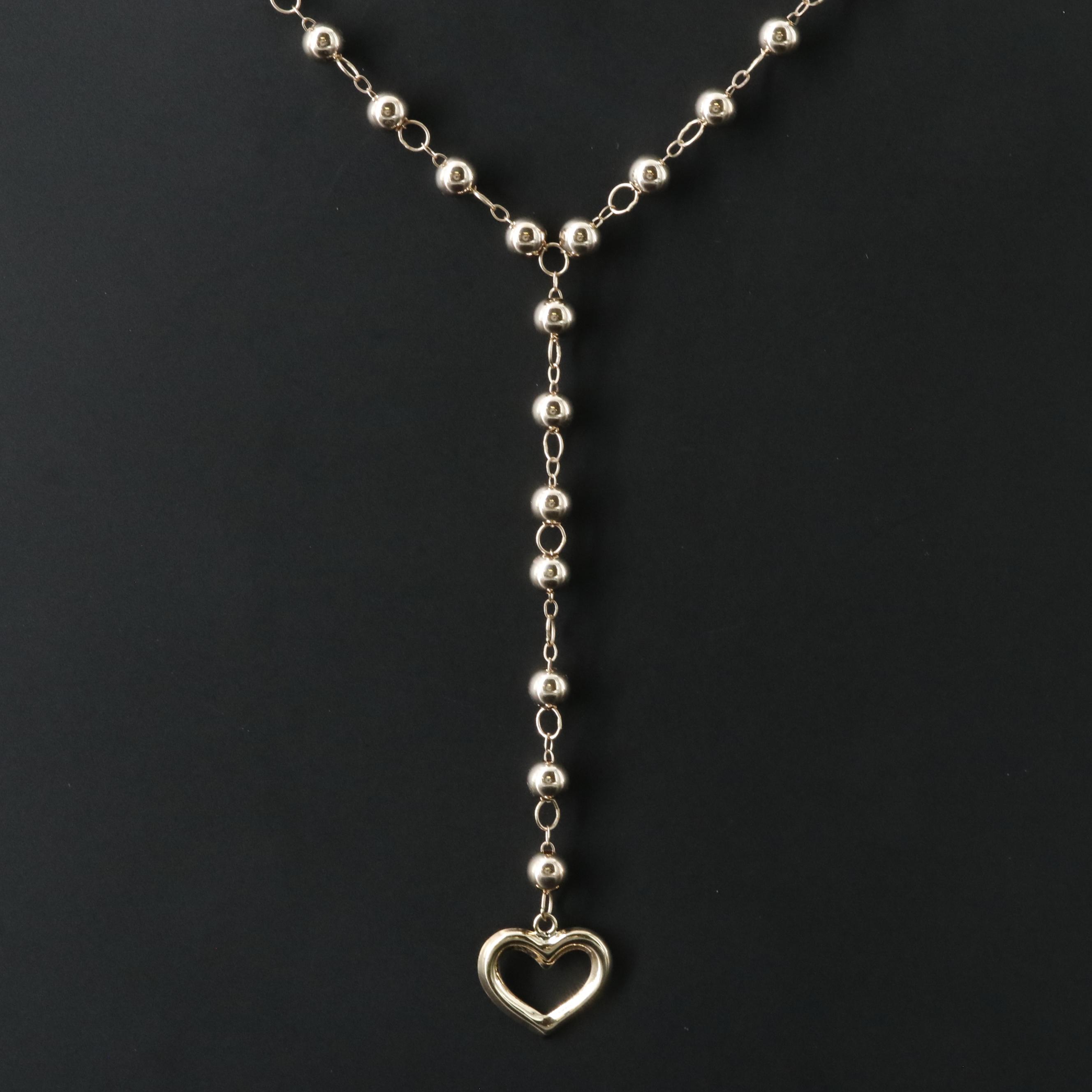 14K Beaded Heart Lariat Necklace