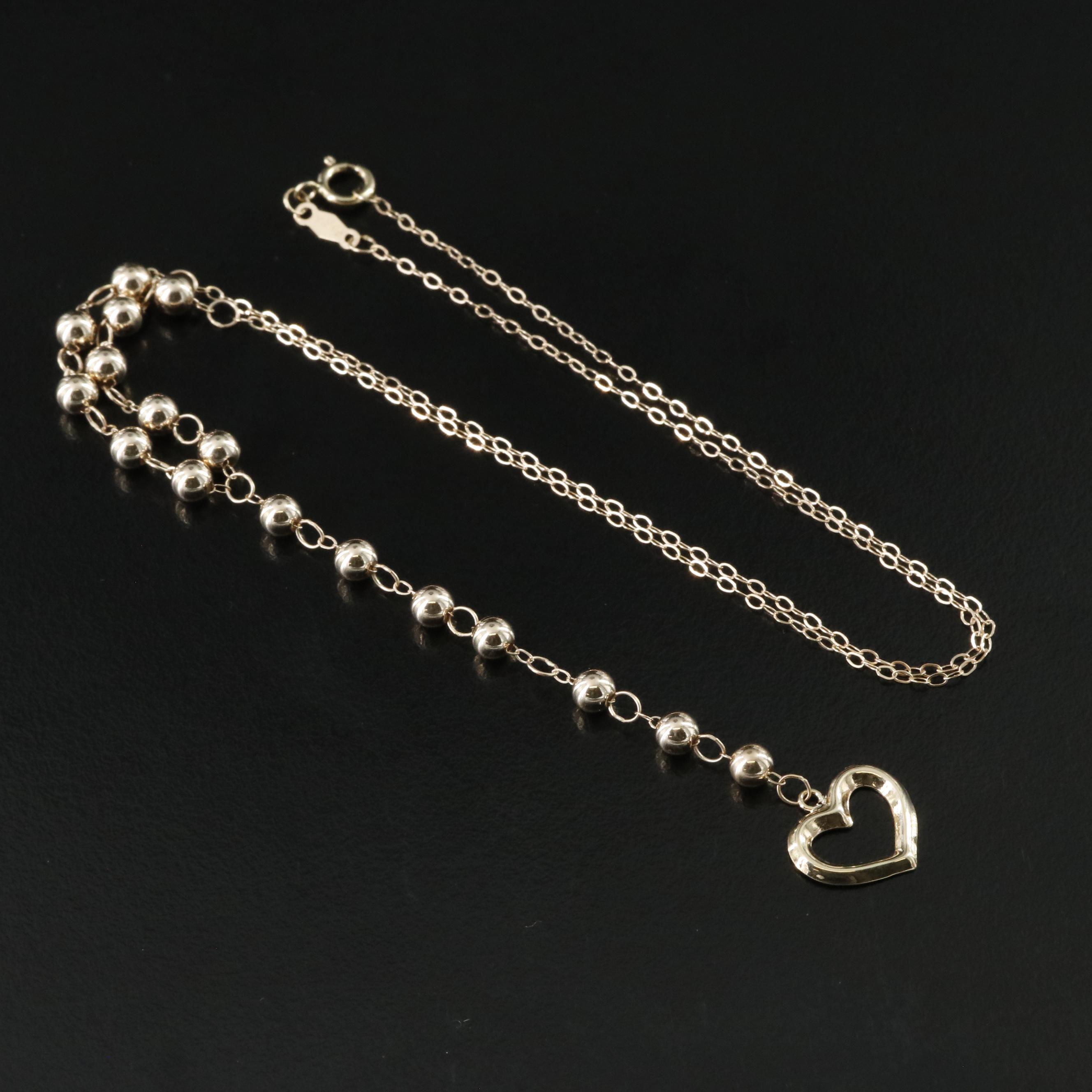 14K Beaded Heart Lariat Necklace