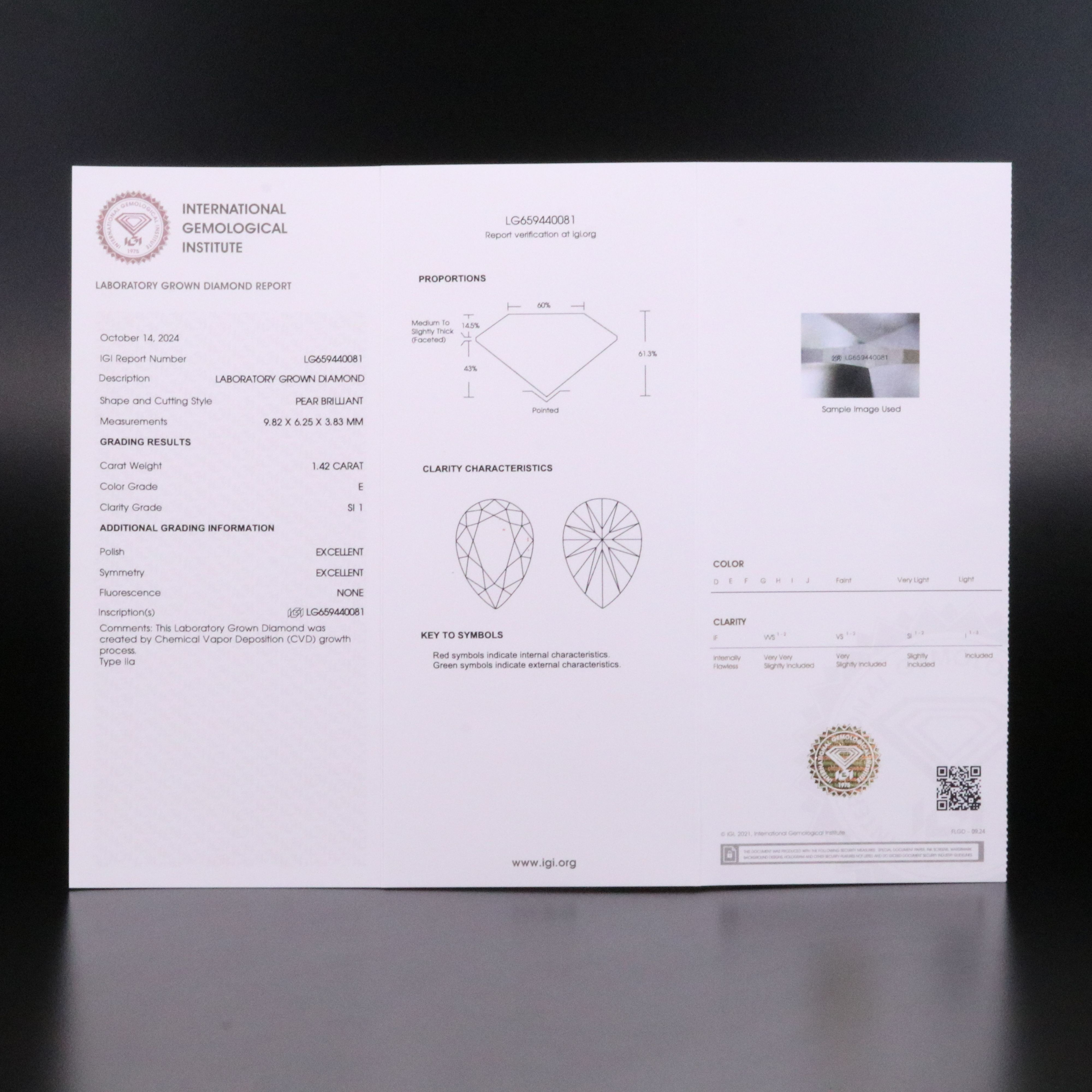 Loose 1.42 CT Lab Grown Diamond with IGI Report