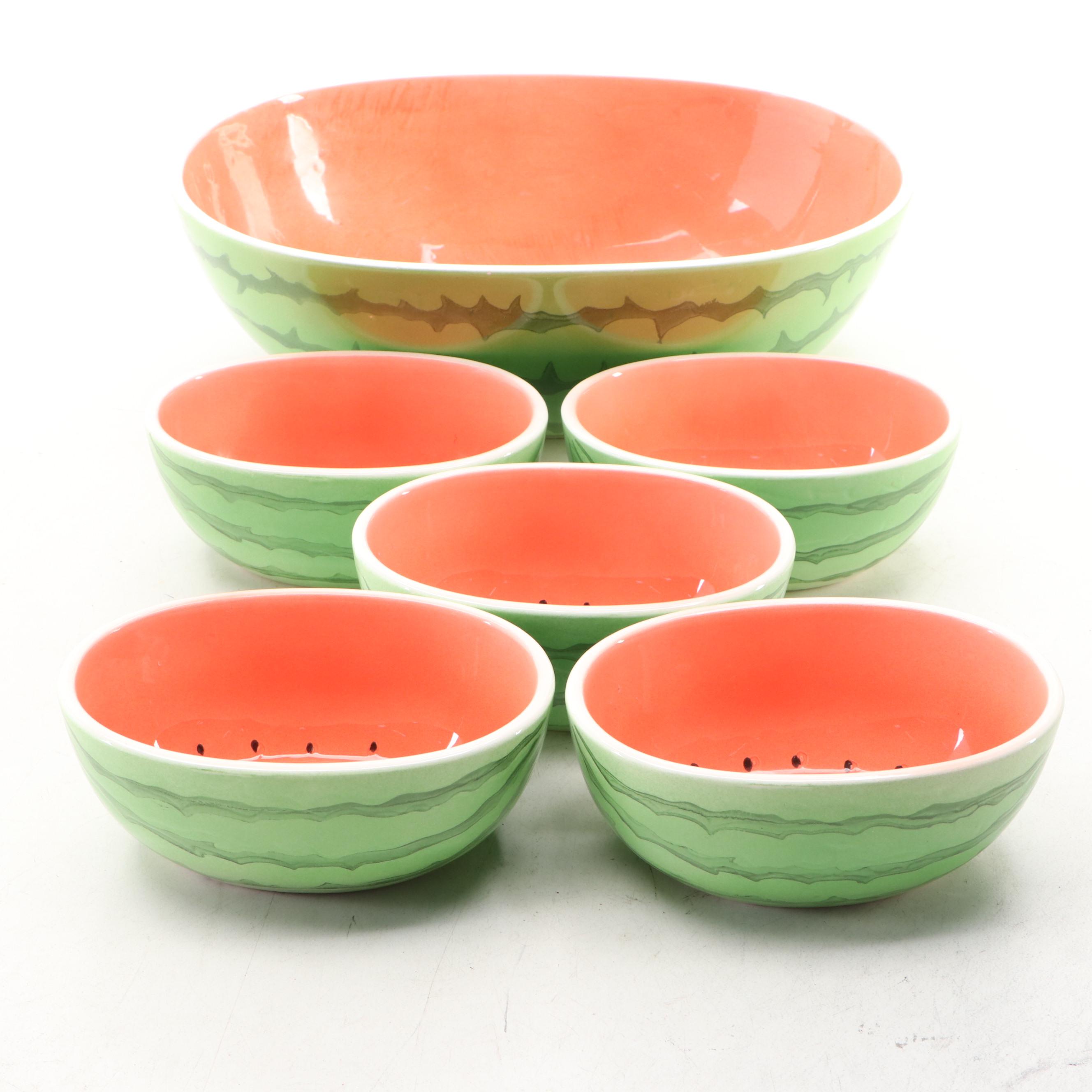 Watermelon Serving Set with Individual Ceramic Bowls, 20th Century