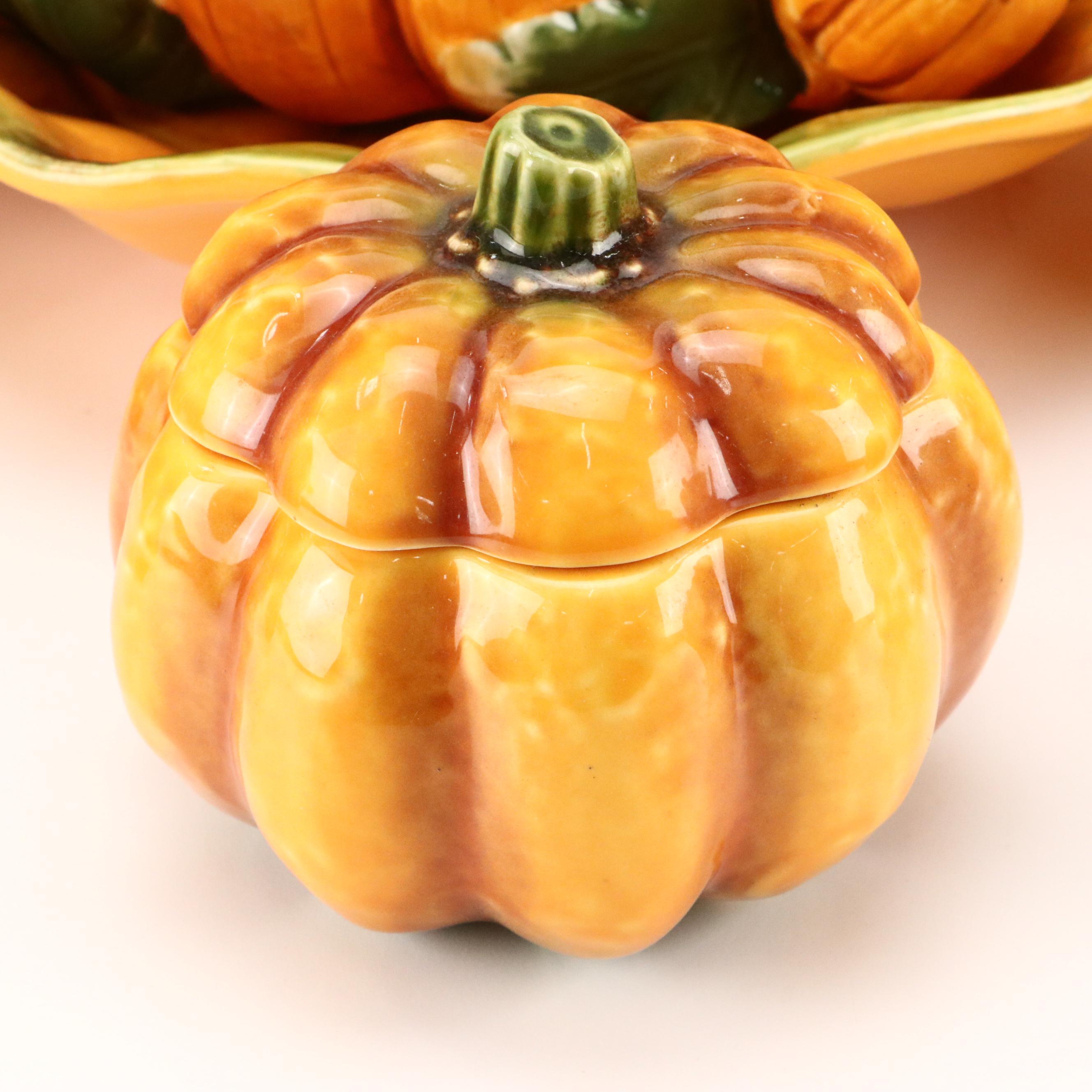 Olfaire Majolica Pumpkin Tureens, Plates, and Dish with More Serveware