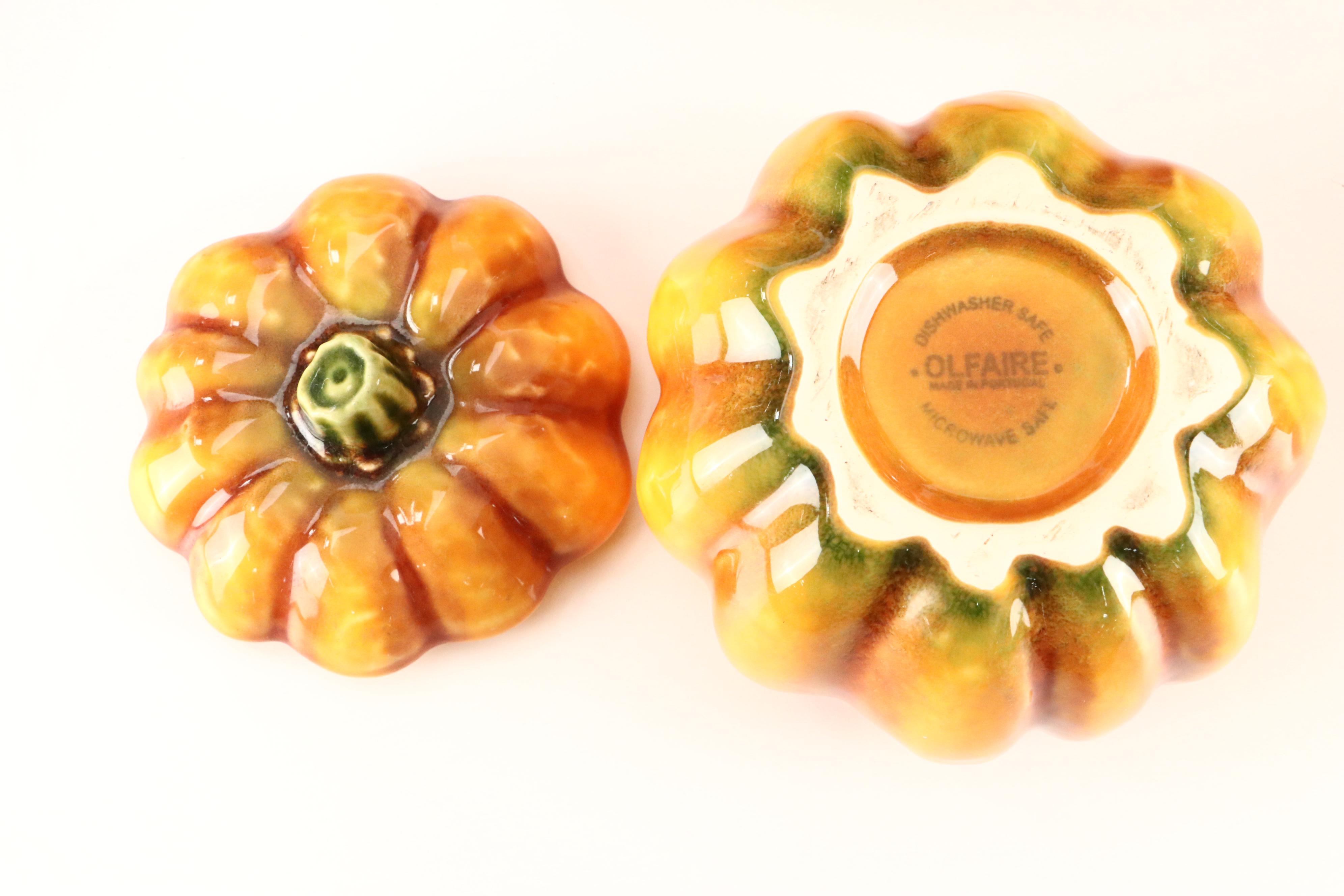 Olfaire Majolica Pumpkin Tureens, Plates, and Dish with More Serveware