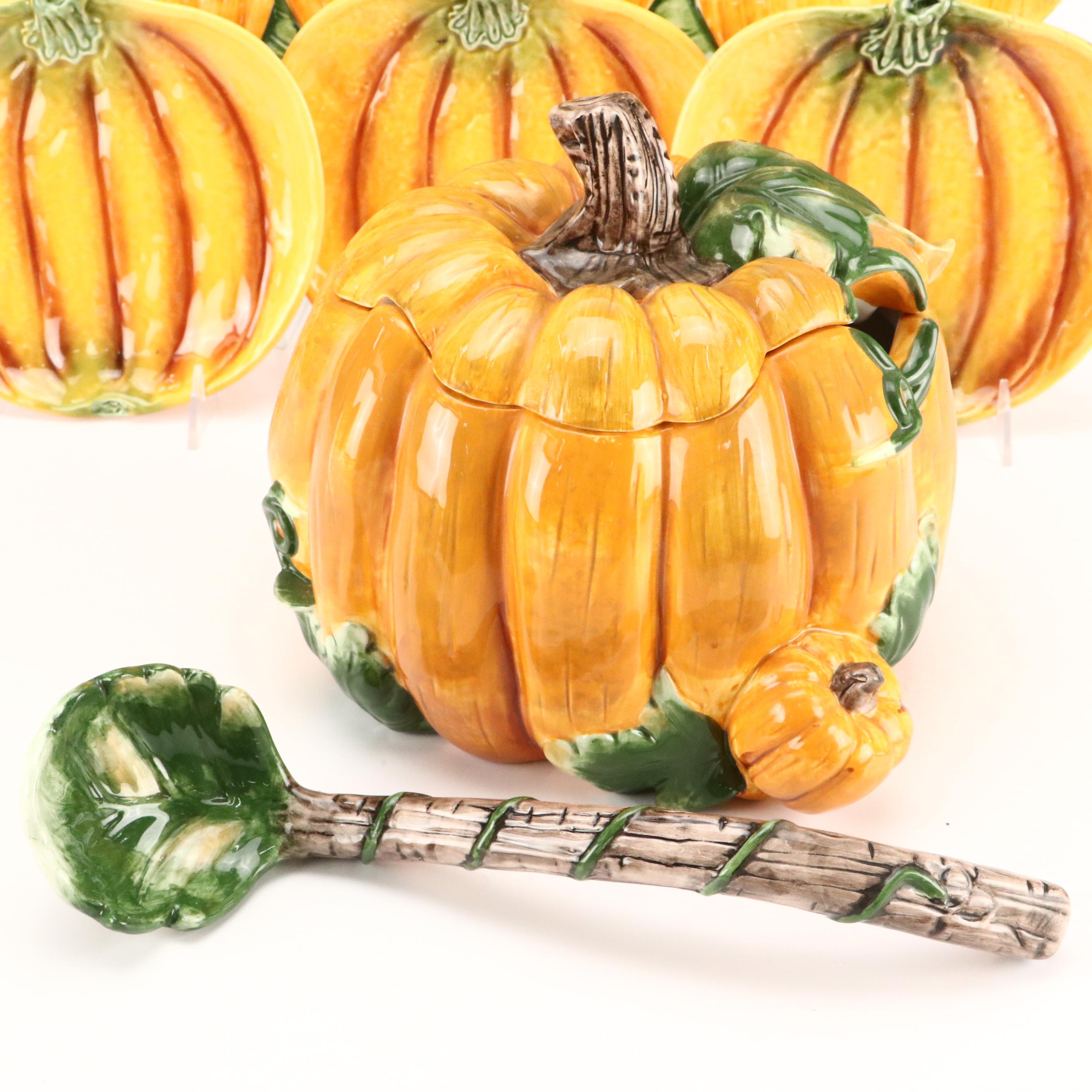 Olfaire Majolica Pumpkin Tureens, Plates, and Dish with More Serveware
