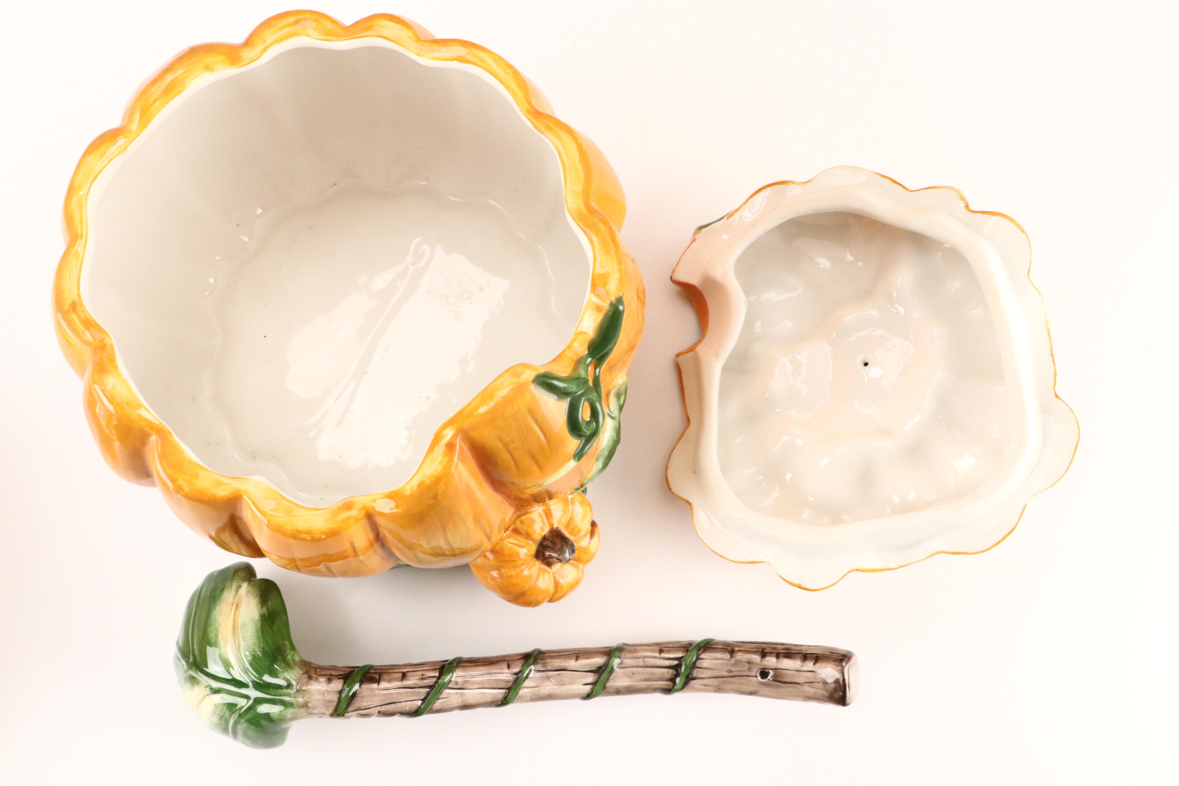 Olfaire Majolica Pumpkin Tureens, Plates, and Dish with More Serveware