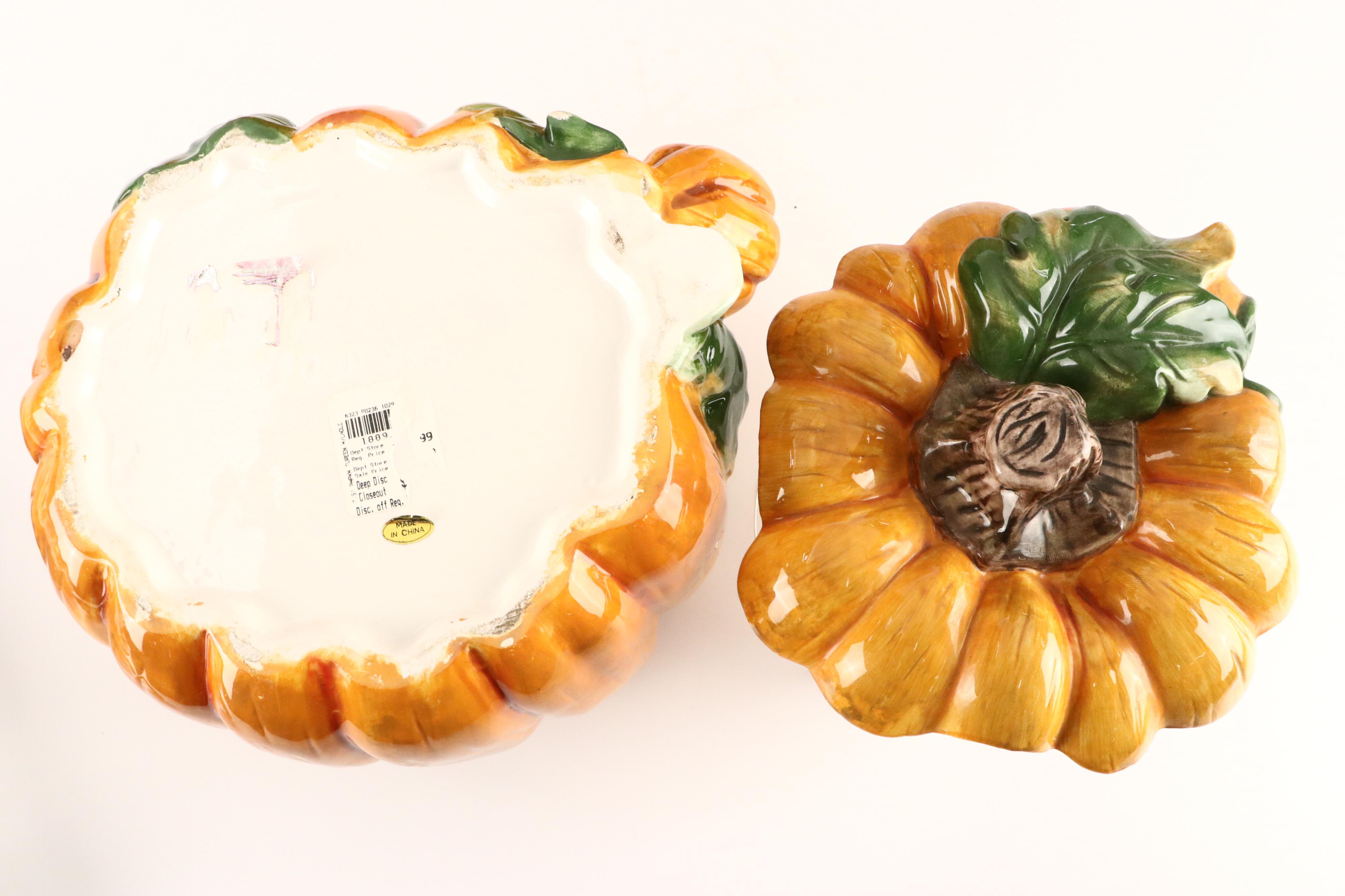 Olfaire Majolica Pumpkin Tureens, Plates, and Dish with More Serveware