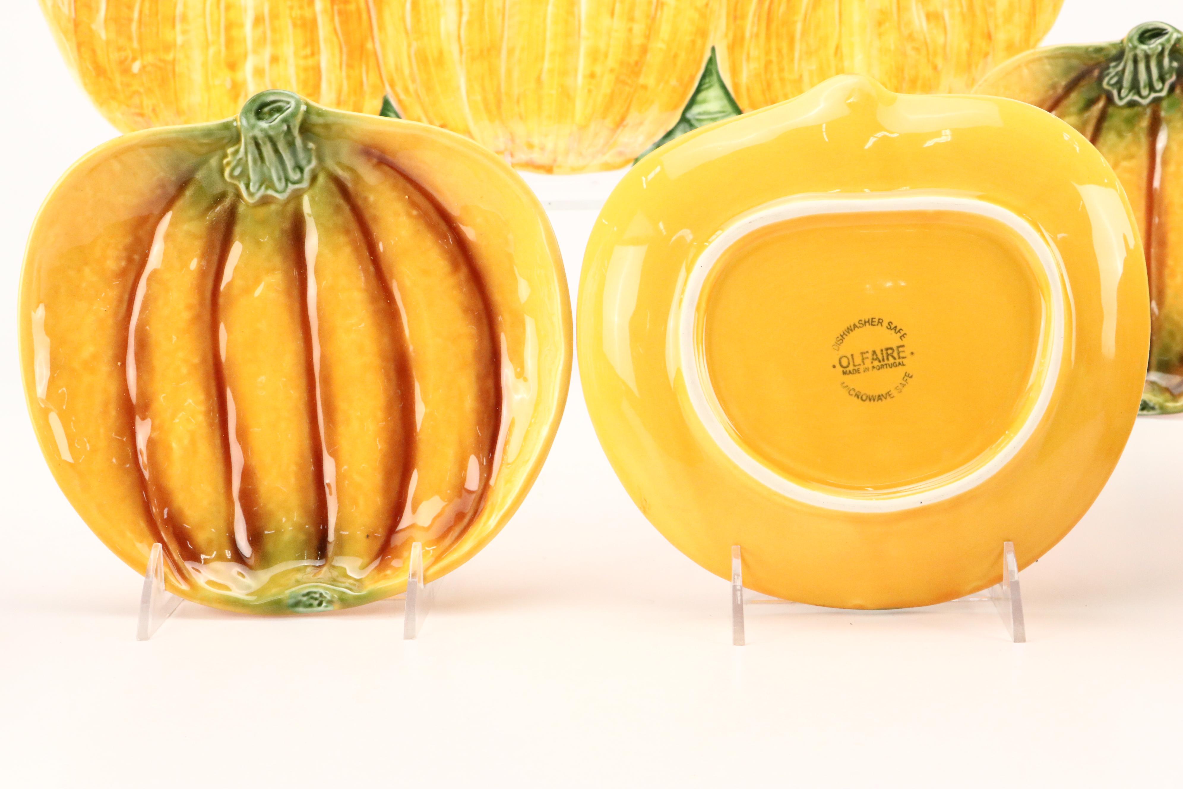 Olfaire Majolica Pumpkin Tureens, Plates, and Dish with More Serveware