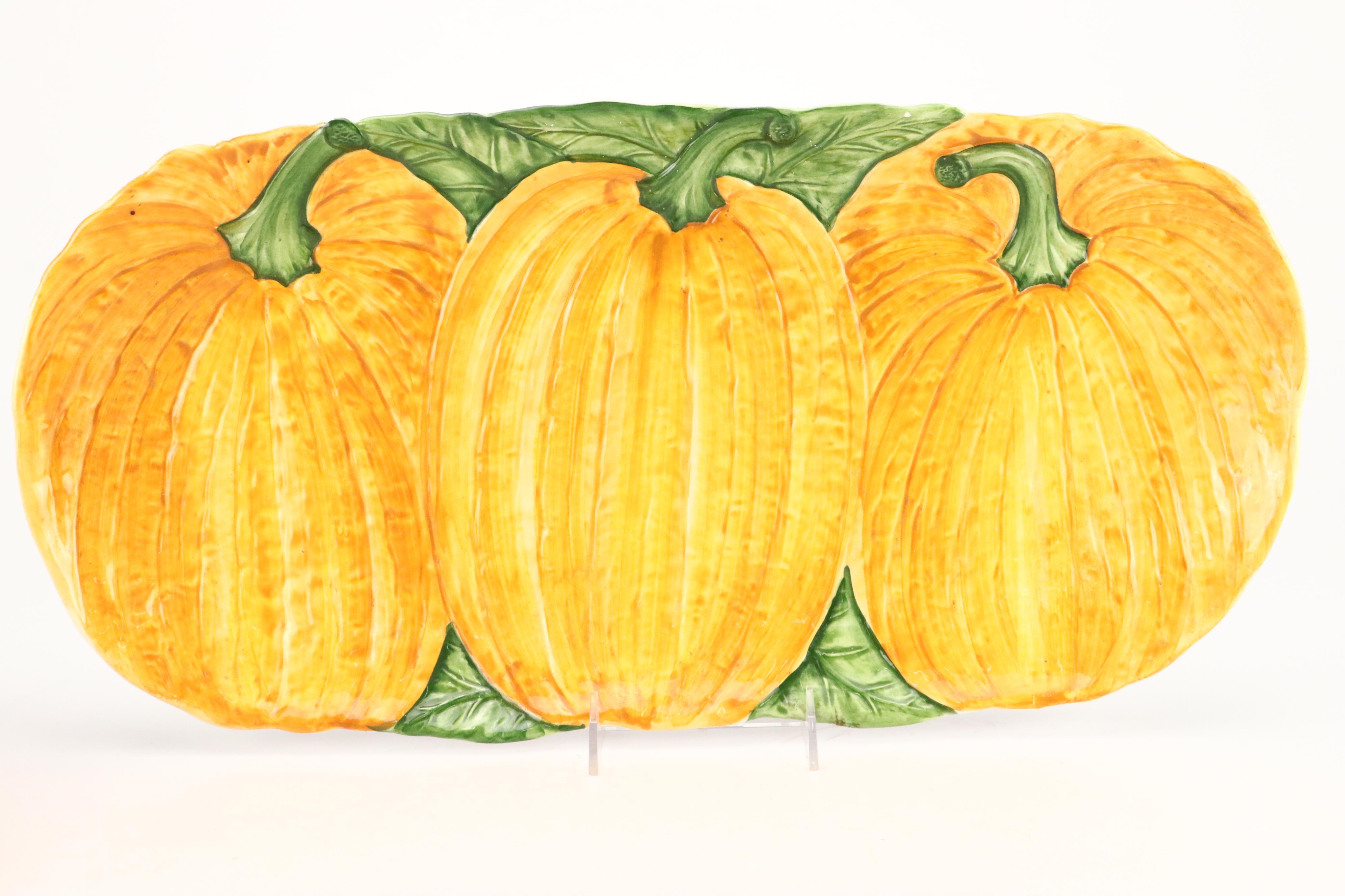 Olfaire Majolica Pumpkin Tureens, Plates, and Dish with More Serveware