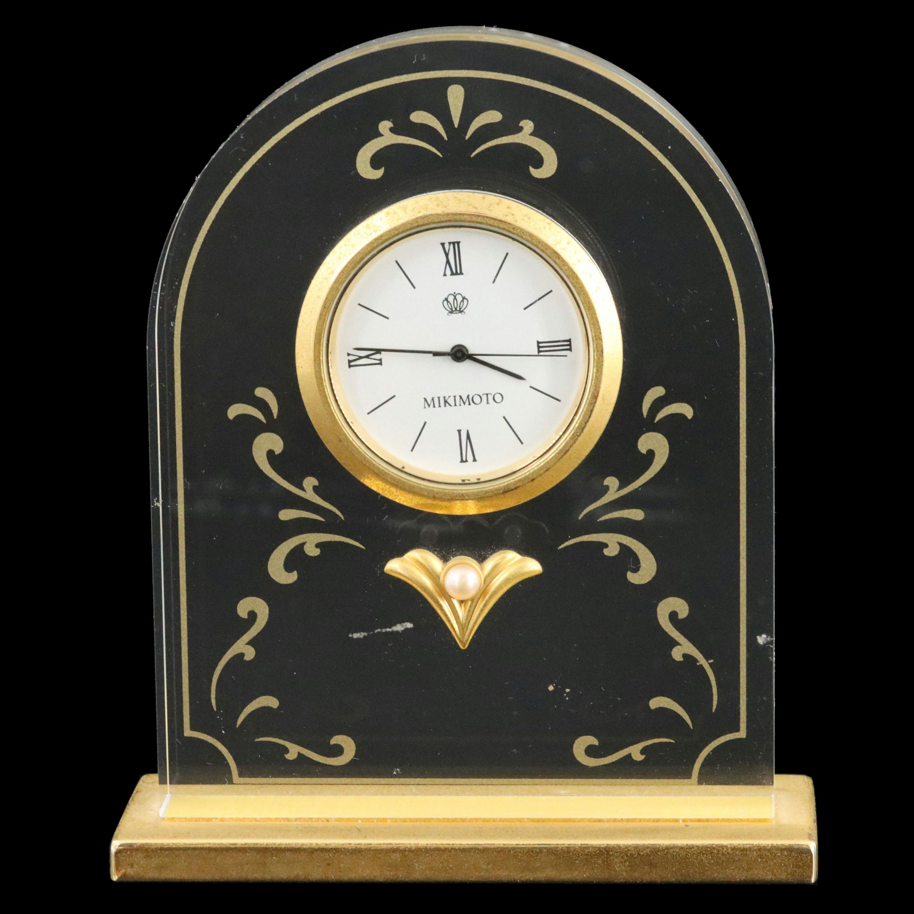 Mikimoto International Lucite Desk Clock with Pearl Flower Accent