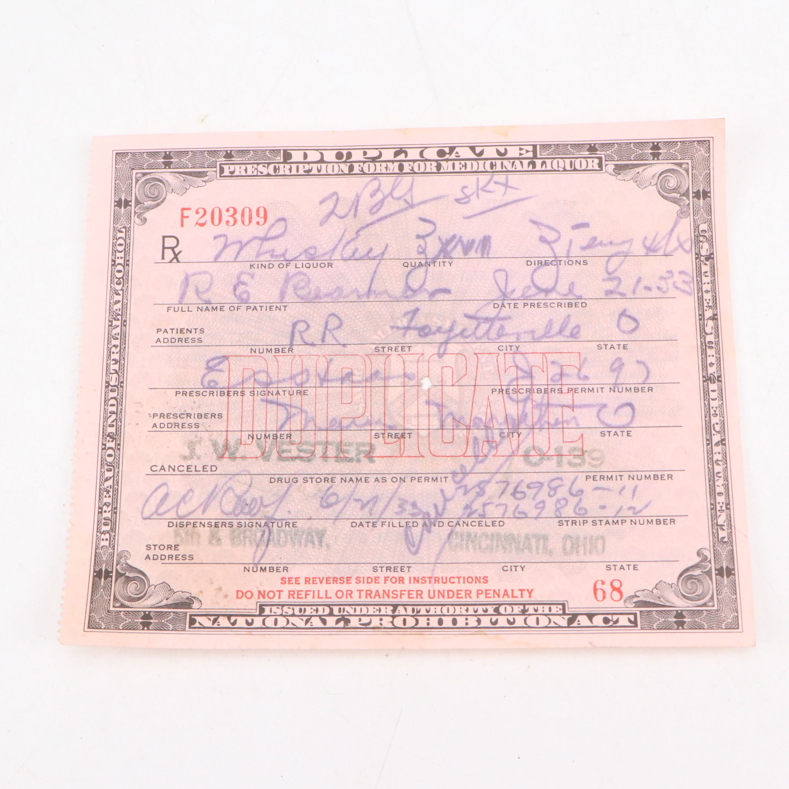 Prohibition Style Whisky Prescription Form with Reproduction Sign