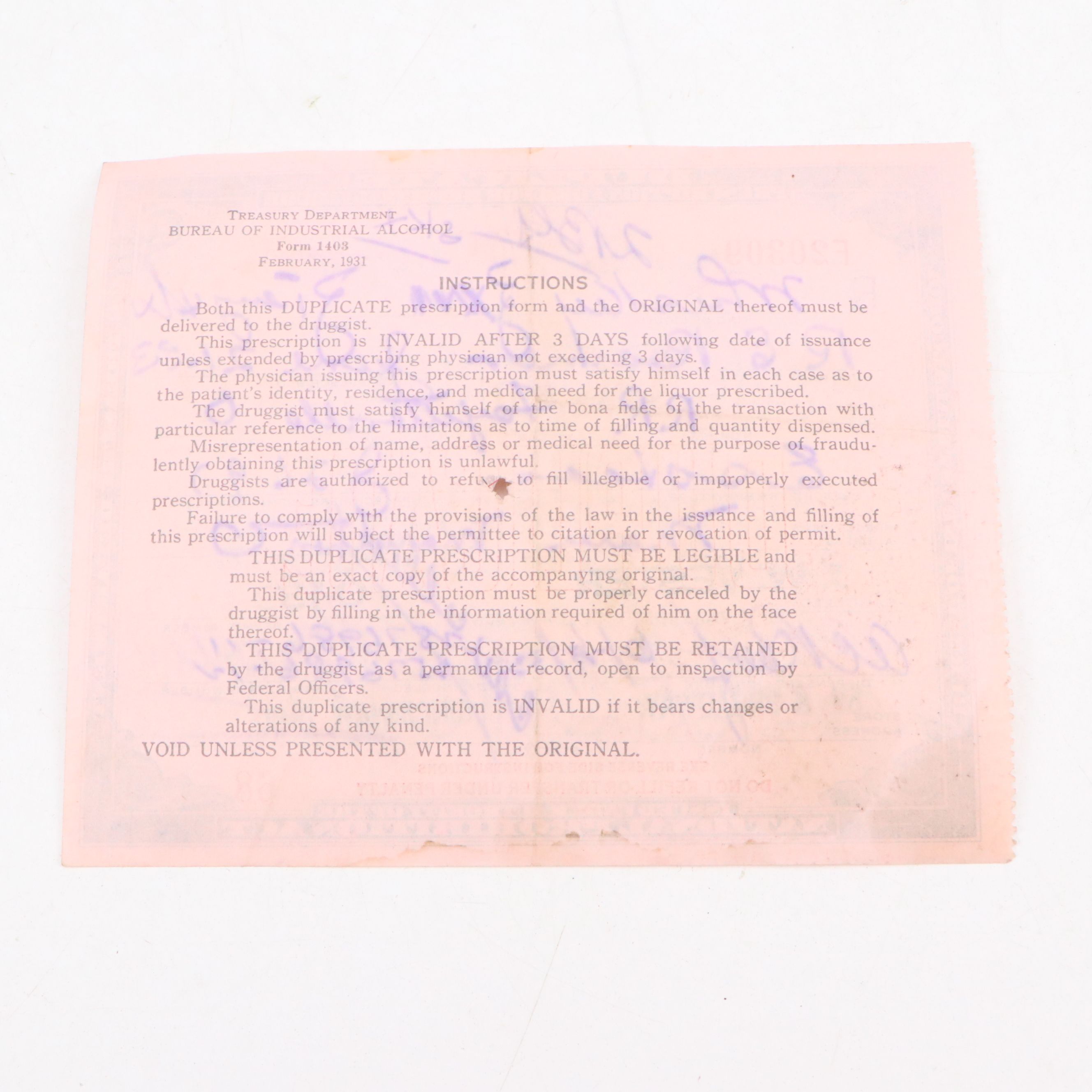 Prohibition Style Whisky Prescription Form with Reproduction Sign