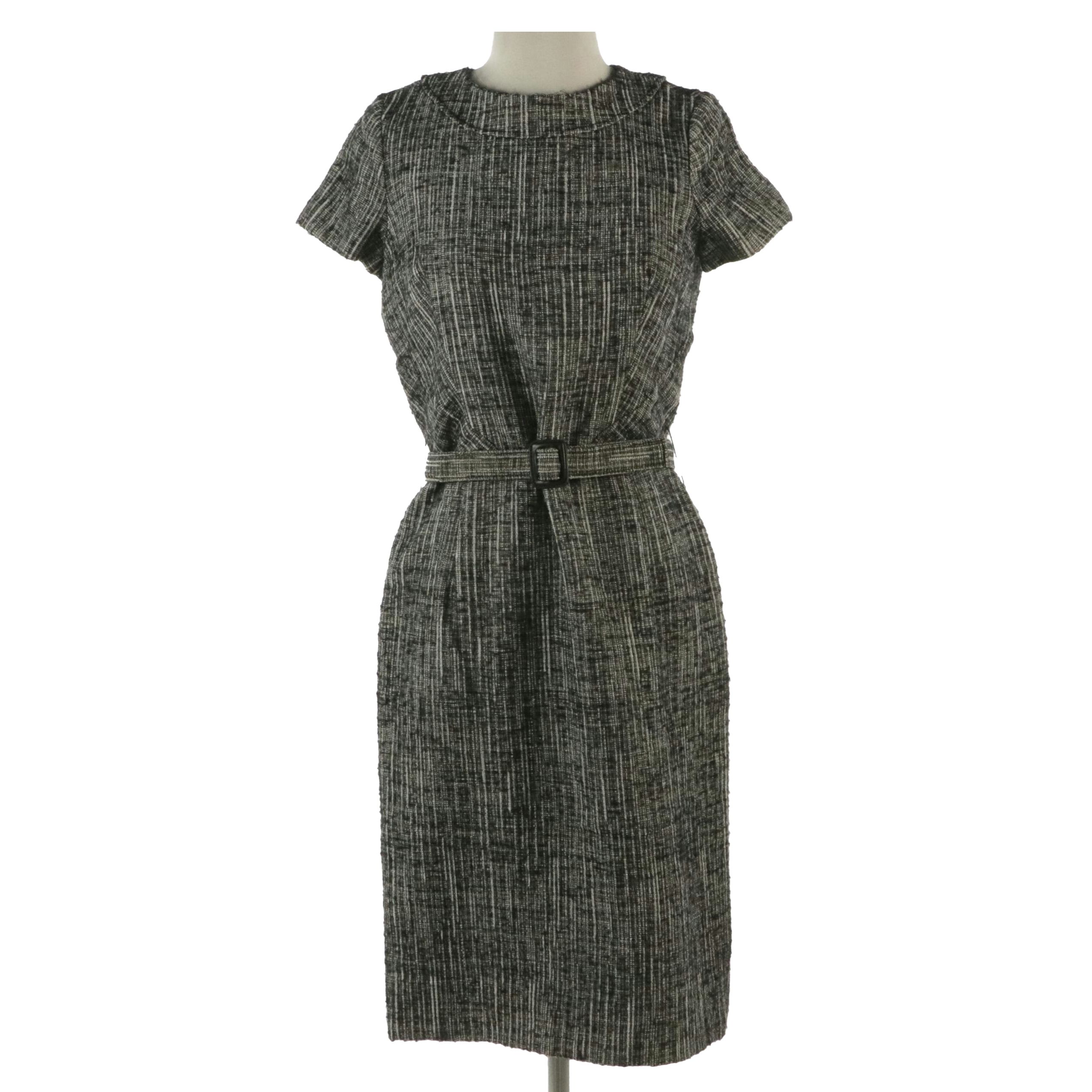 Carolina Herrera Black and White Wool Tweed Belted Midi Dress
