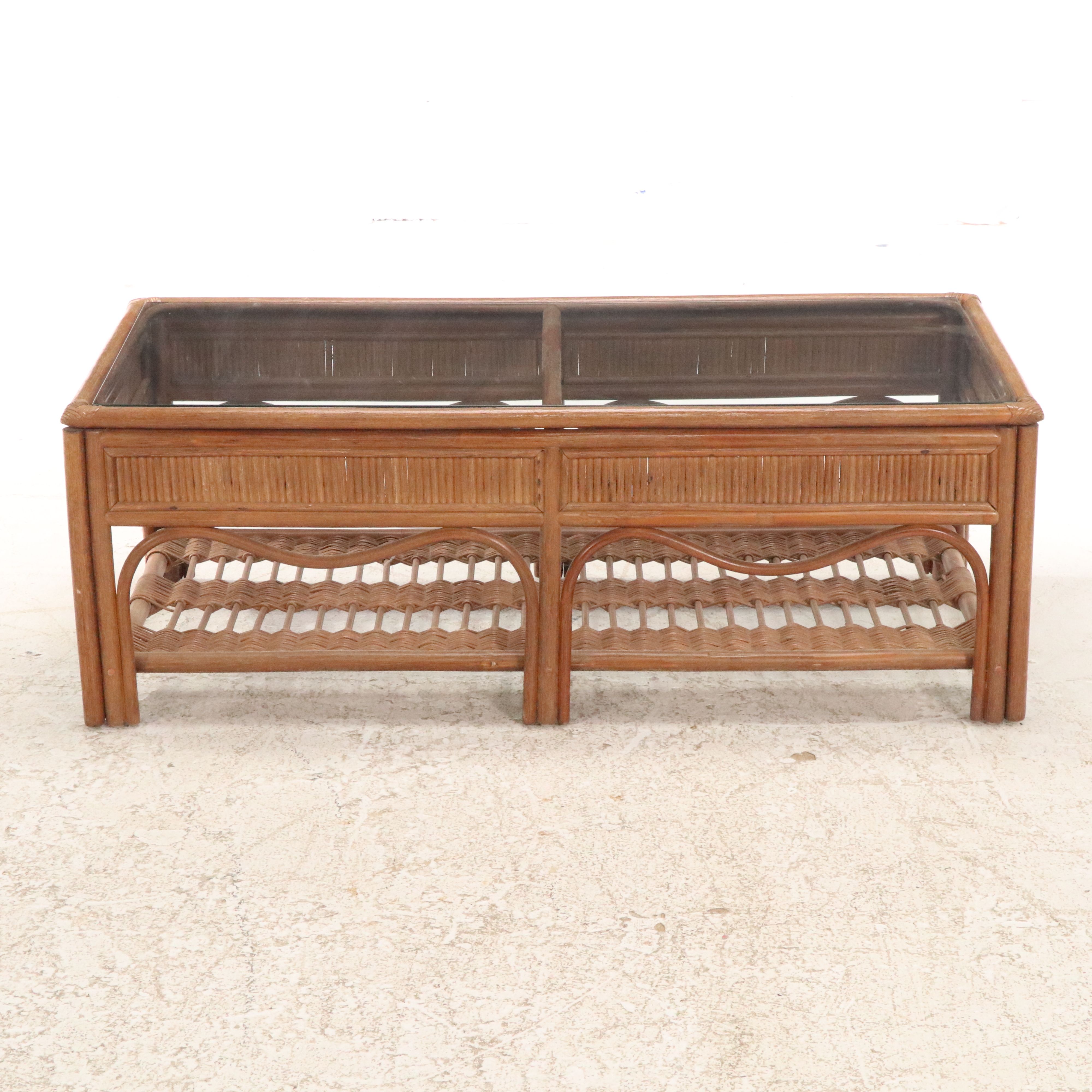 Contemporary Rattan Coffee Table with Glass Top and Rattan Sofa