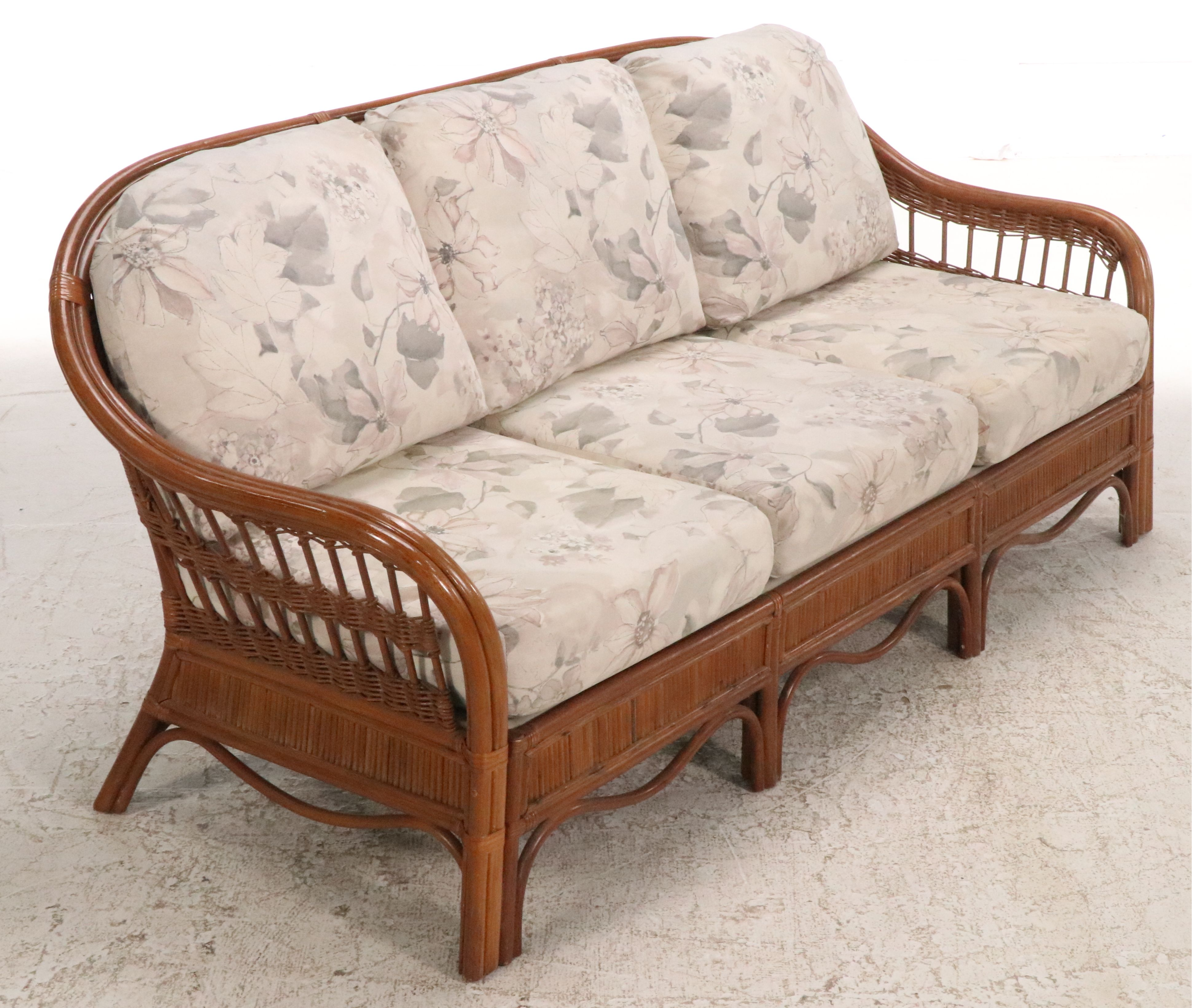 Contemporary Rattan Coffee Table with Glass Top and Rattan Sofa