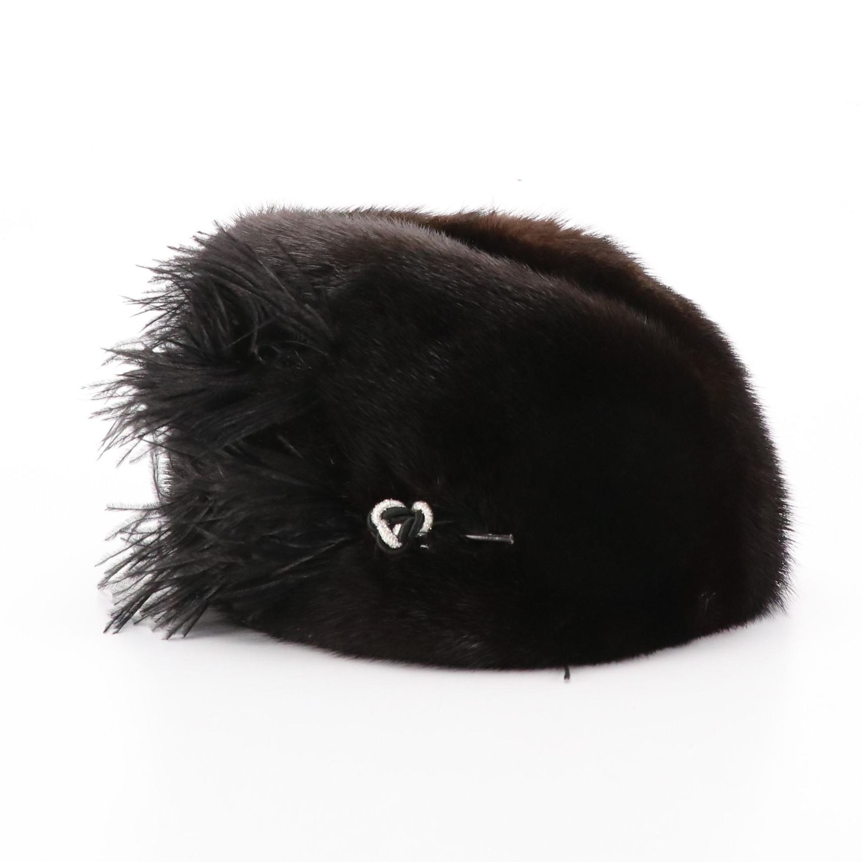 Vintage Chocolate Brown Mink Fur Hat with Feather Pin Detail in Box