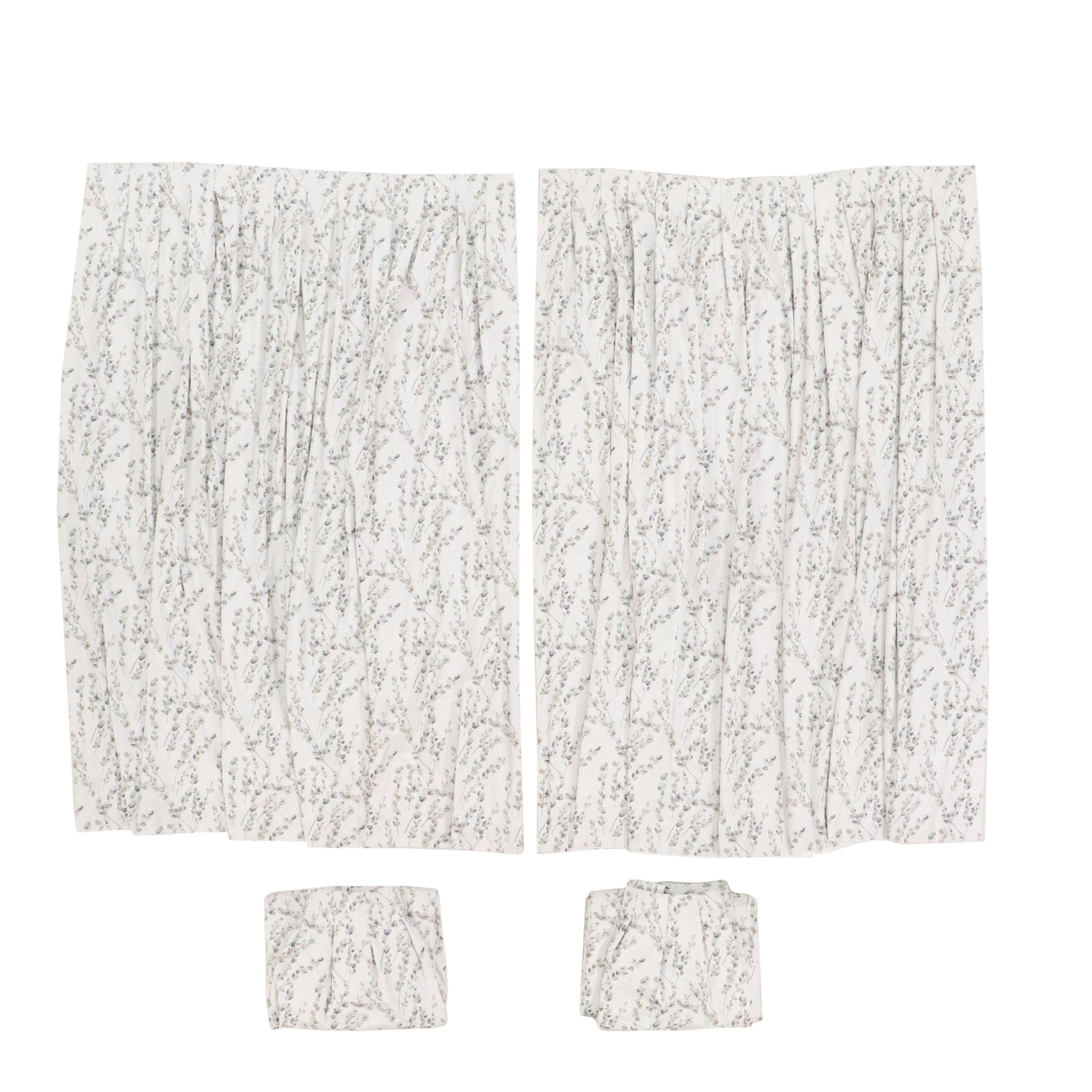 Pair of Watercolor Floral Print on White Pinch Pleat Curtains